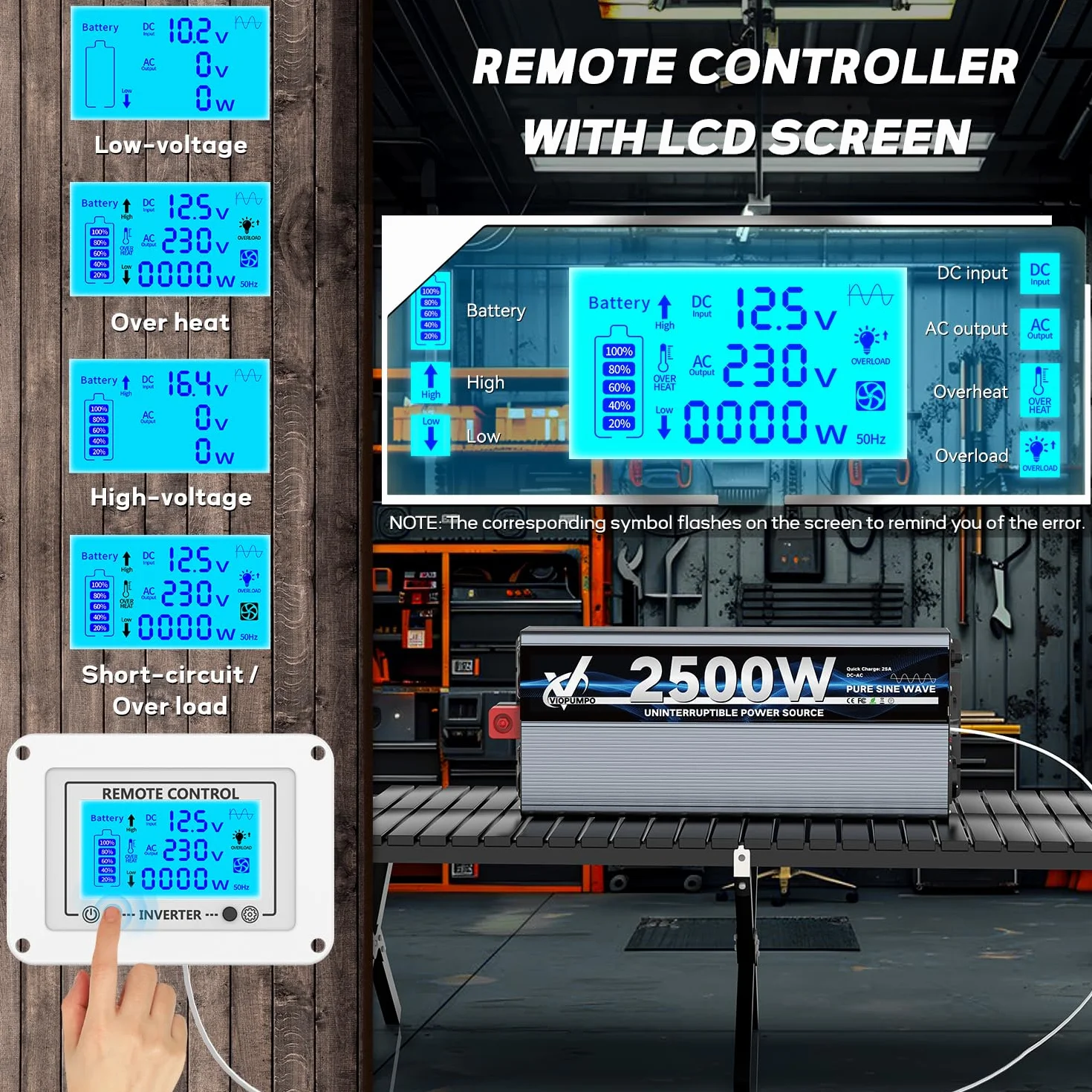 UPS falownik 12 V 220 V czysta fala 2500 W z ładowarką 30 A, obwodem priorytetowym, pilotem LCD, falownikiem do nieprzerwanego zasilania, akwarium