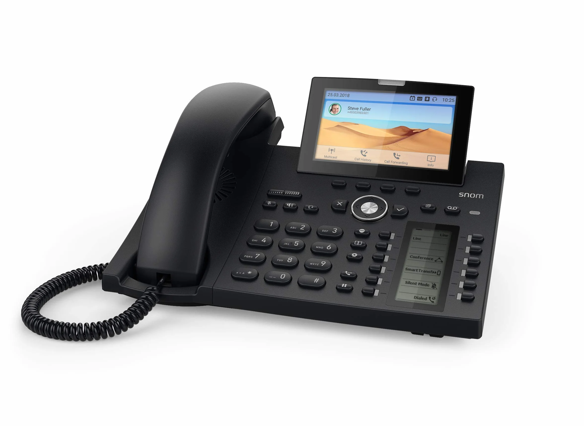 Snom Telefon biurkowy D385 IP, kolor + SmartScreen, 12 tożsamości SIP, przełącznik hakowy z czujnikiem, Bluetooth, USB, 48 kluczy samoopisujących (12 fizycznych), czarny, 0004340