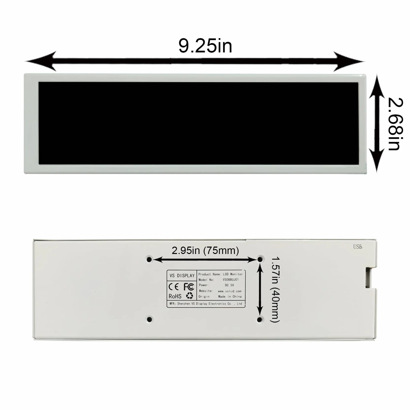 VSDISPLAY 22.4 cm 8,8" 1920x480 600 nit IPS biały monitor LCD | USB 9-pinowy port wideo USB, do samodzielnego montażu ekranu podrzędnego/wyświetlacza obudowy komputera