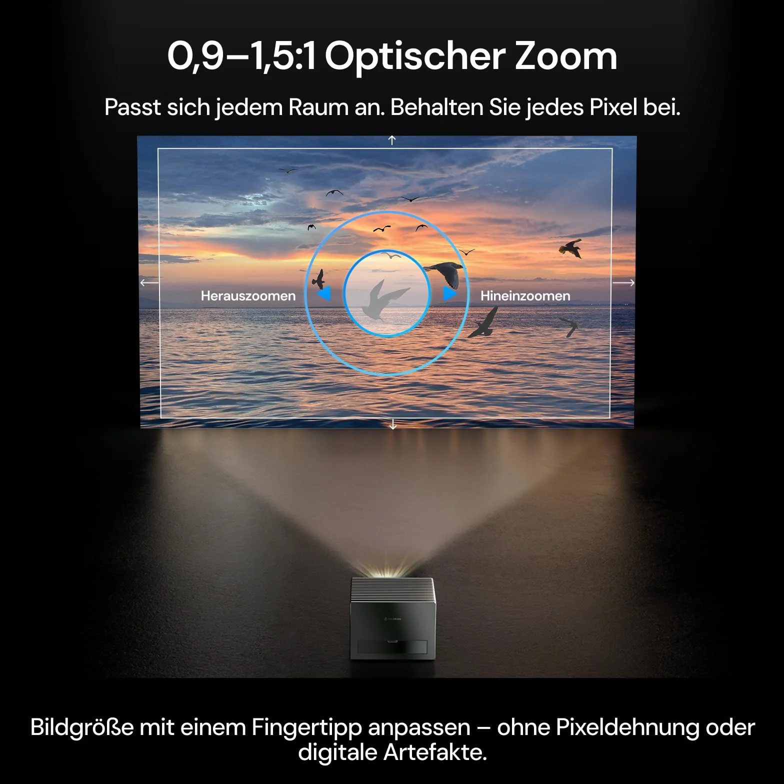 Potrójny projektor laserowy Valerion VisionMaster Pro2, 3000 lumenów ISO, kontrast 15000:1, 0,9-1,5-krotny zoom optyczny, 2-krotna wielozadaniowość, IMAX, 4K HDR10, GTV, 4 ms bez opóźnień w grach