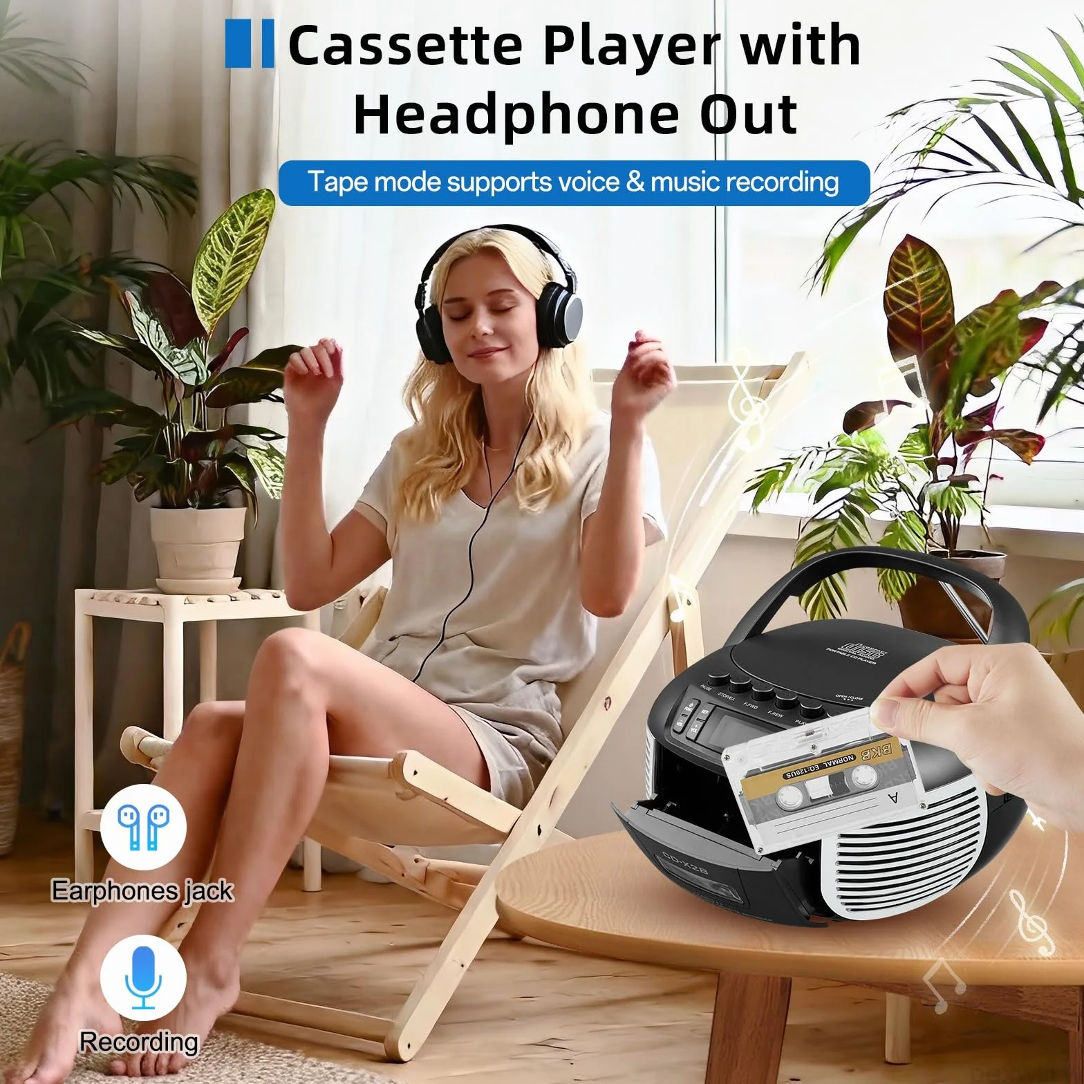 Zestaw odtwarzaczy CD i kasetowych, odtwarzacz CD Boombox z radiem FM/Bluetooth/AUX/USB/nagrywanie taśmy, pilot zdalnego sterowania, gniazdo słuchawkowe, wyświetlacz LCD, podwójny dźwięk