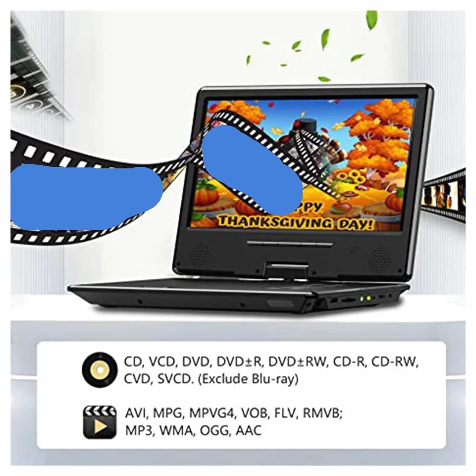 Odtwarzacz DVD, 12-calowy przenośny odtwarzacz DVD z obsługą wideo w wysokiej rozdzielczości, bezprzewodowy kompatybilny technologią Bluetooth
