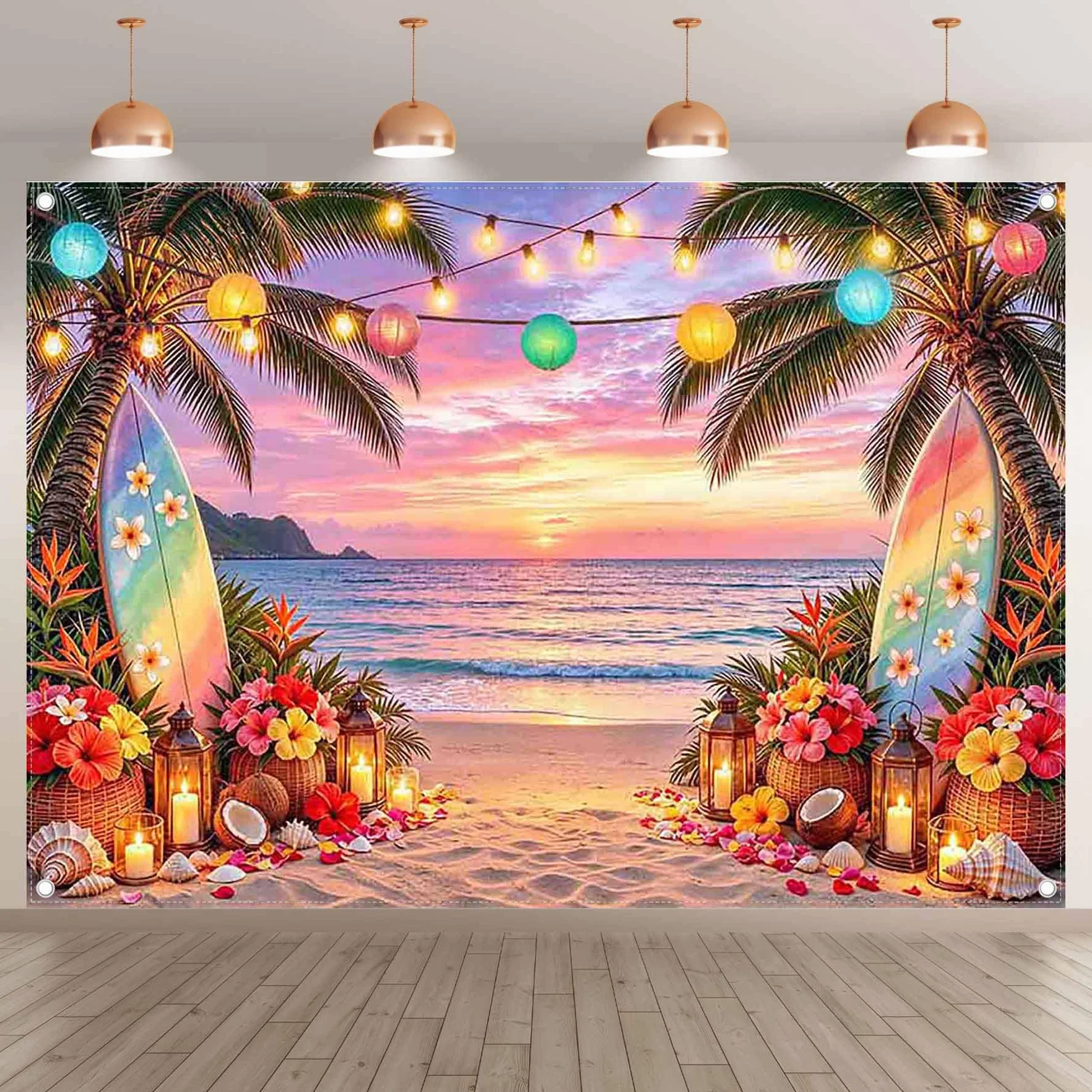 Luminora Tło zachodu słońca na tropikalnej plaży 2,1x1,5 m | Tło Fotografia Lato Hawajski Gobelin Luau Palmy Witaj Impreza Dekoracja Party Rekwizyty Fotograficzne