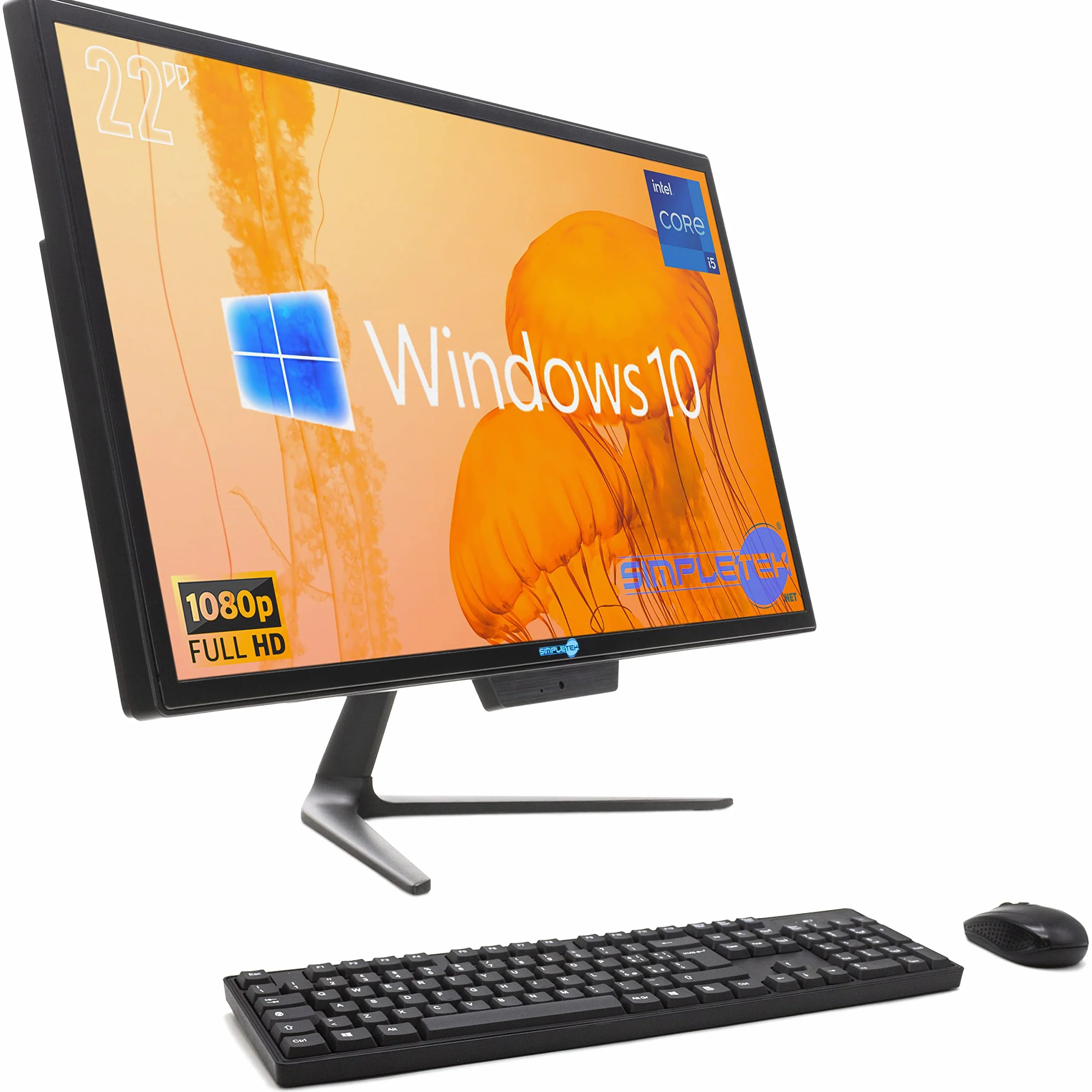 SIMPLETEK PC All in One Core i5 Do 3.10GHz 8GB SSD 240GB | 22" Full HD Windows 10 Pro | Zintegrowana kamera internetowa VGA HDMI WiFi5 Komputer Aio Stałe Domu Praca