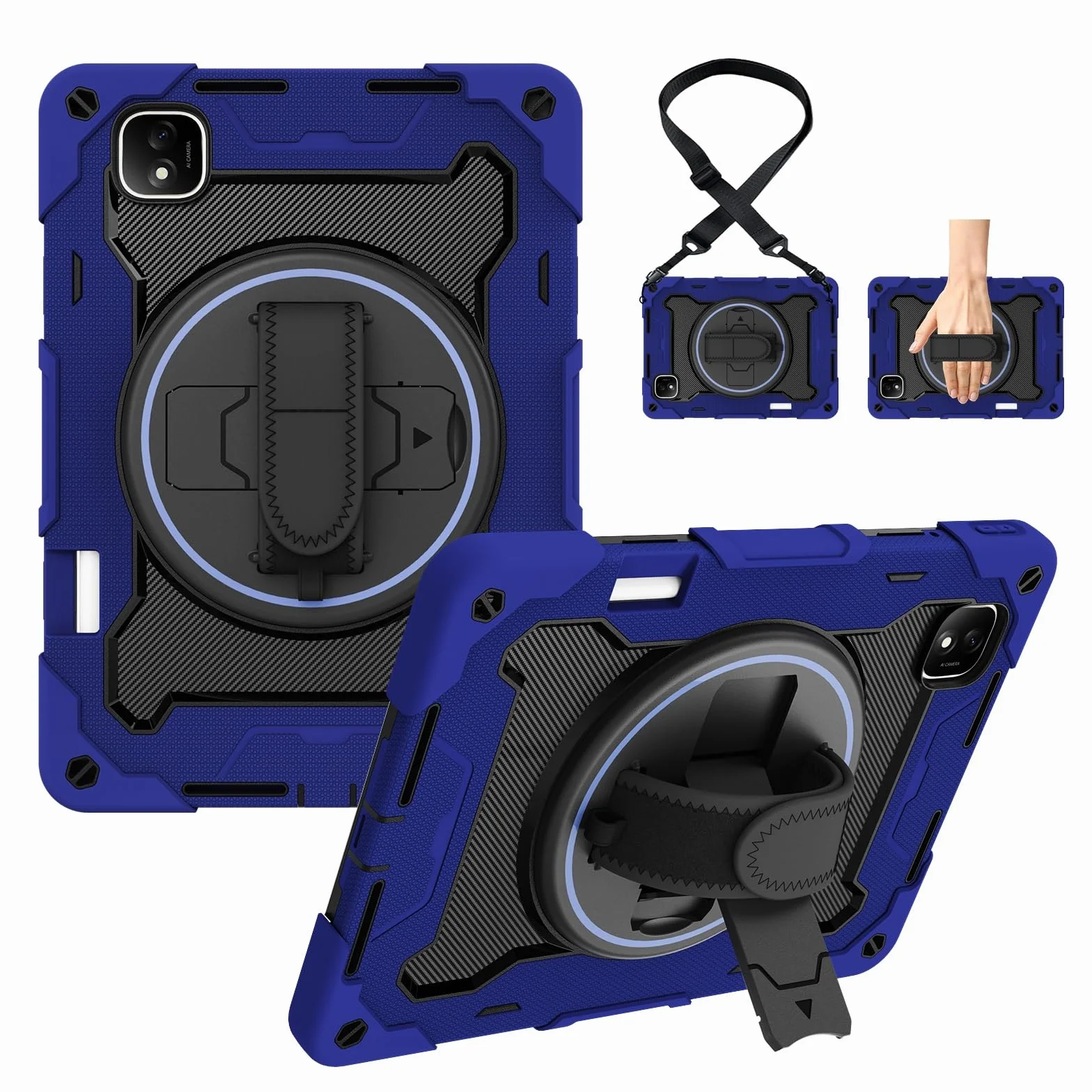 Odporne na wstrząsy etui do Honor Pad GT Pro 31.2 cm / MagicPad 2 31.2 cm, etui dla dzieci, etui z TPU, podpórka, wytrzymały pokrowiec ochronny z paskiem na rękę (ciemnoniebieski)