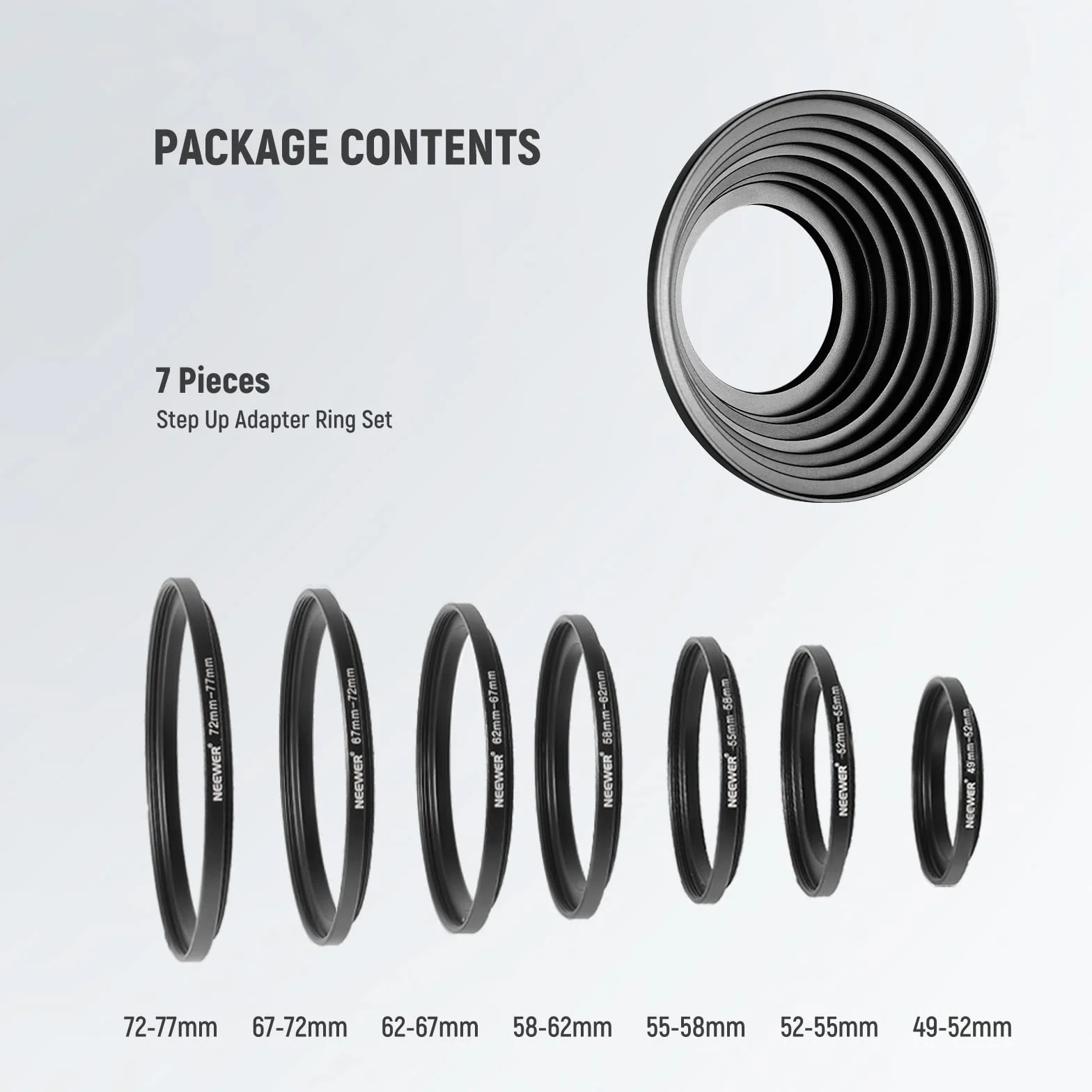 Neewer 7 szt. 49 mm - 77 mm filtry pierścienie stopniowe zestaw adapterów krokowych (49-52-55-58-62-67-72-77 mm)