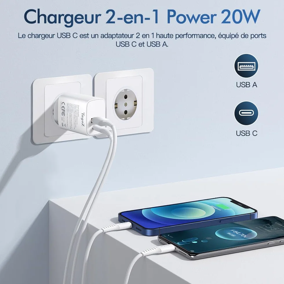 Ładowarka USB C, moc 20 W, ładowarka z podwójnym wyjściem, kompatybilna z iPhone 16/15/14/13/12/11 Pro/Max/Plus/Mini/SE/X/XR/XS, iPad, Watch, Galaxy, Android i nie tylko