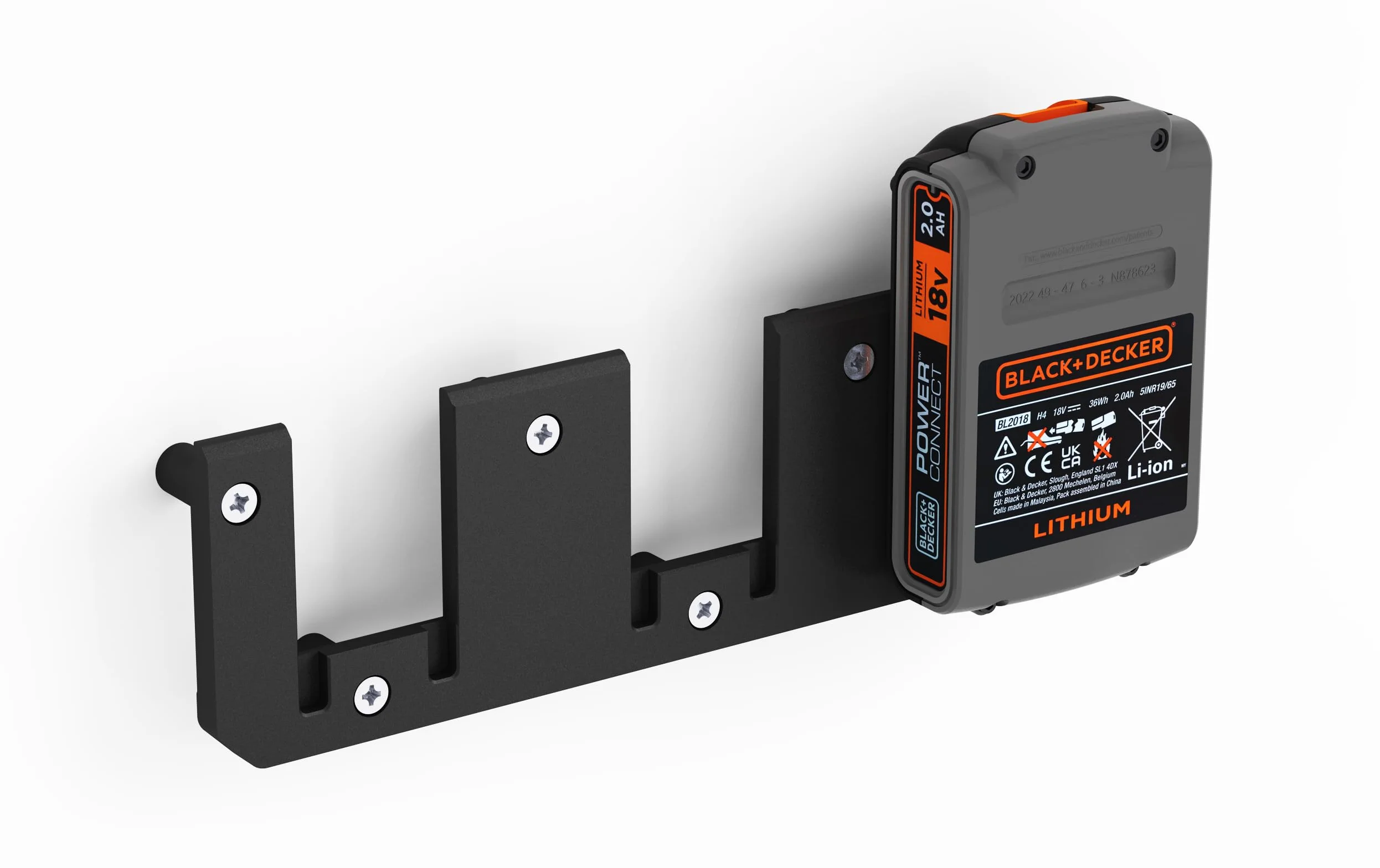 NewGround Designs Uchwyt ścienny do akumulatora nadaje się do akumulatorów Black+Decker 18 V – uchwyt na baterie, uchwyt ścienny (3 akumulatory) w zestawie śruby i kołki [Made in Germany]