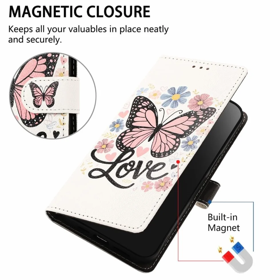 Generic etui kompatybilne z iPhone 14 Plus (wzór: różowy motyl) odporne na wstrząsy etui magnetyczne z klapką portfel etui na karty wzór