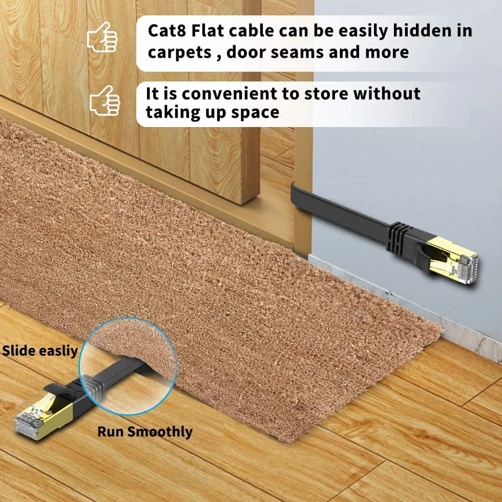 Veetop Płaski kabel Ethernet Kategorii 8, Kabel Sieciowy z Pozłacanymi Złączami - Kabel LAN High Speed 40 Gigabit/s - 2000 MHz 2m czarny
