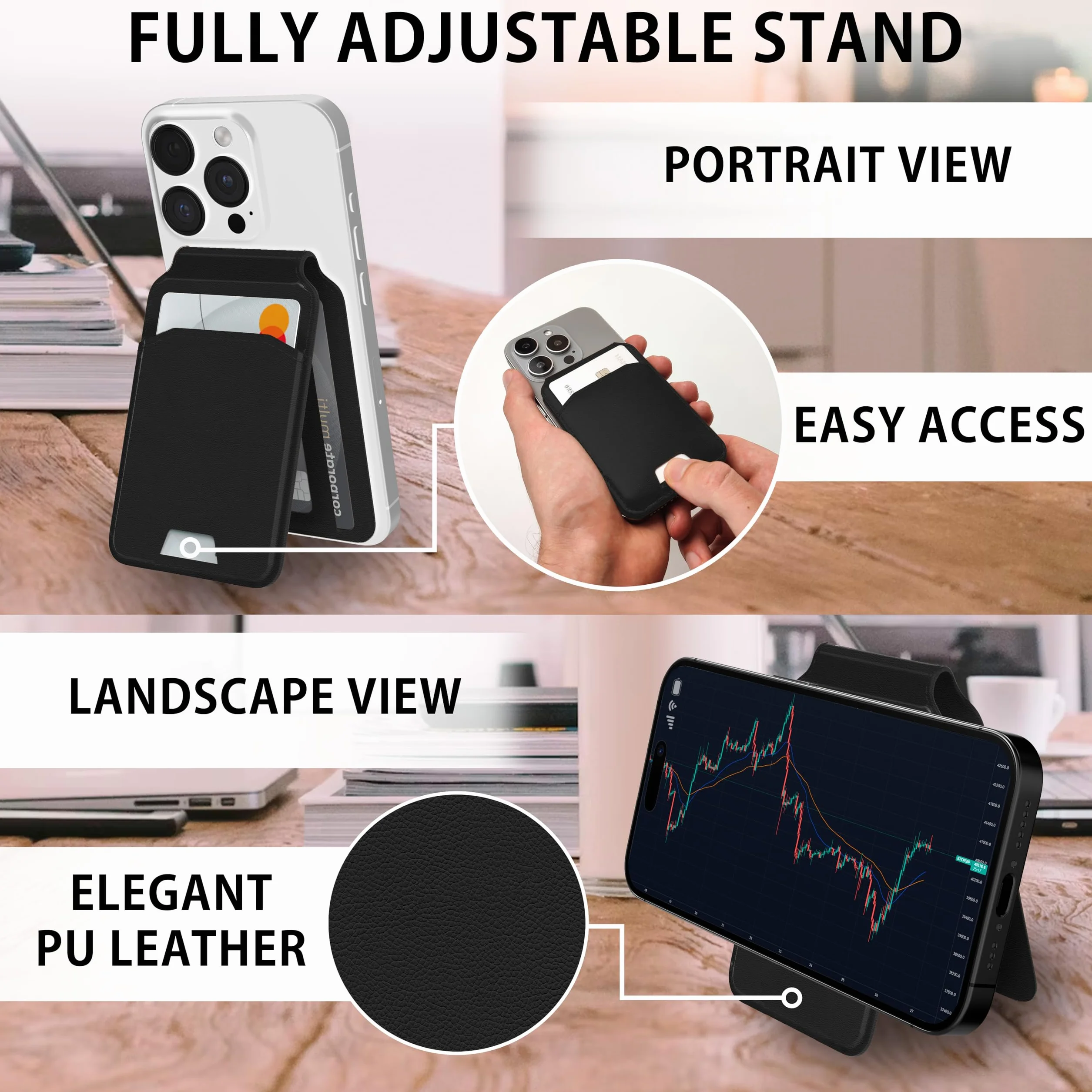 MyGadget Magnetyczny portfel Magsafe - z 2 przegródkami na karty - z funkcją stojaka - kompatybilny z Apple iPhone 15 I 14 I 13 I 12 Series - czarny