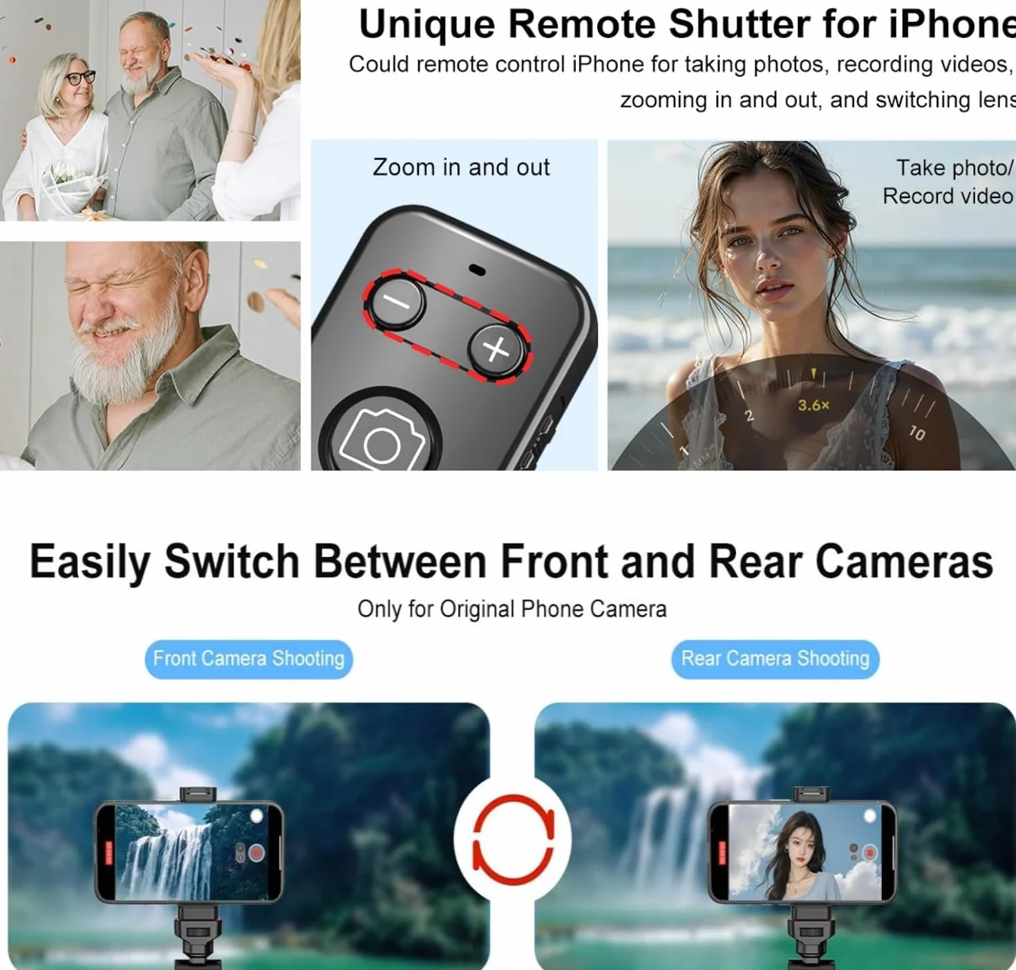 Newmowa Pilot Bluetooth do zdjęć z zoomem dla iPhone (NIE dla iOS 26) | Nagrywanie Wideo/Robienie zdjęć/Przełączanie Kamer akumulatorowy,ładowalny Przenośny Pilot Migawki do Selfie Vlog Podróży