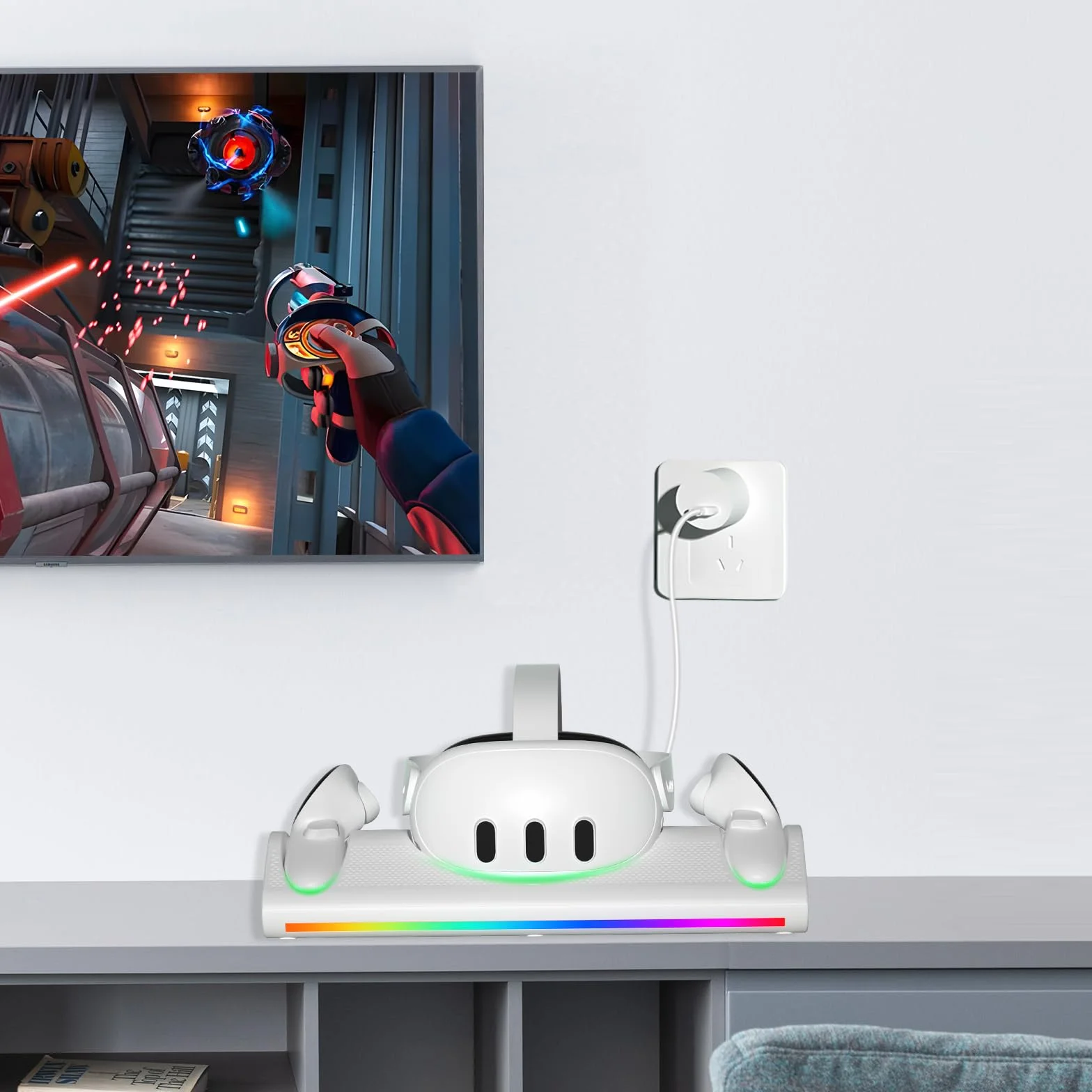 Stacja ładująca do Meta Quest 3, zestaw słuchawkowy i kontrolery, magnetyczny stojak ładujący, kontrolery dotykowe, wskaźnik LED