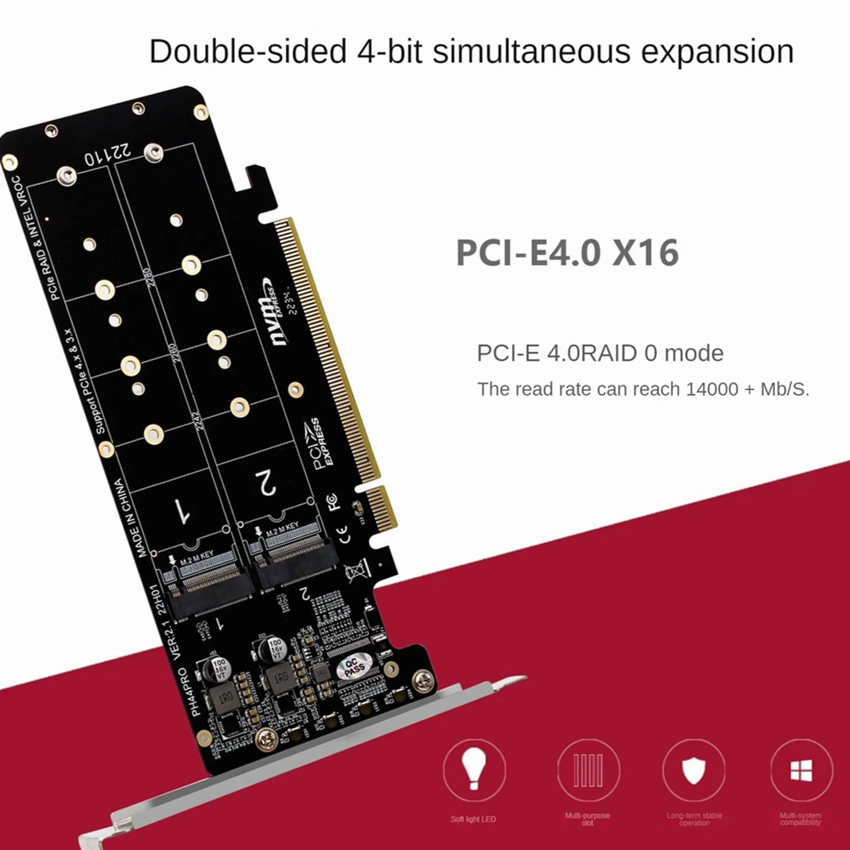 4 x karta rozszerzenia PCIE 4.0 Dual Disk PCIeX16 do M.2 M-Key NVME SSD, obsługuje 4 dyski SSD NVMe M.2 M Key 2280