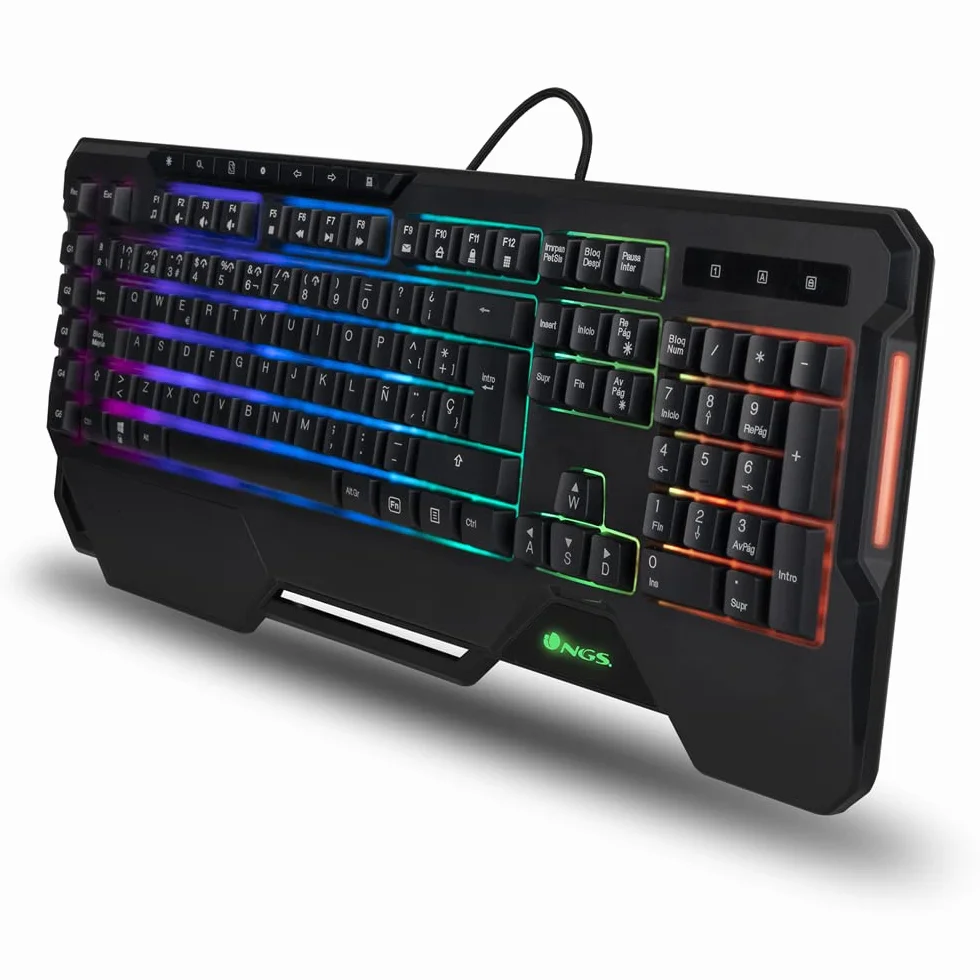 NGS GKX-450 klawiatura membranowa do gier z oświetleniem RGB, włoska klawiatura QWERTY, programowalna, 19 klawiszy multimedialnych, kabel 1,8 m, czarna