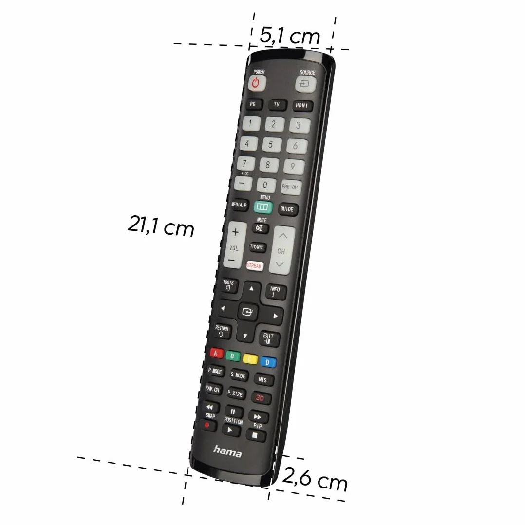 Hama uniwersalny pilot do telewizorów Samsung (podczerwień, gotowy do użycia, tryb uczenia się, luminescencyjne przyciski, tryb dla seniora, zasięg 10 m, 2x baterie AAA w zestawie)