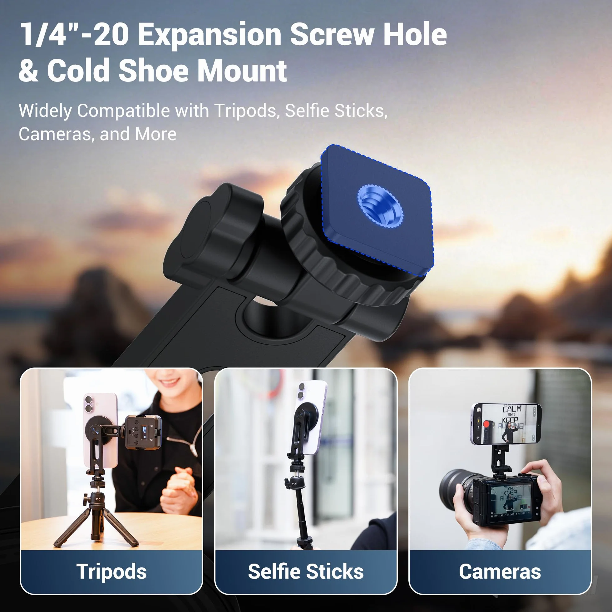 JJC Magnetyczny uchwyt na statyw do telefonu iPhone 17 16 15 14 13 Pro Max Min, nachylenie 180° przenośny stojak na smartfon na aparacie z zimną stopką i śrubą 1/4 cala do mikrofonu LED