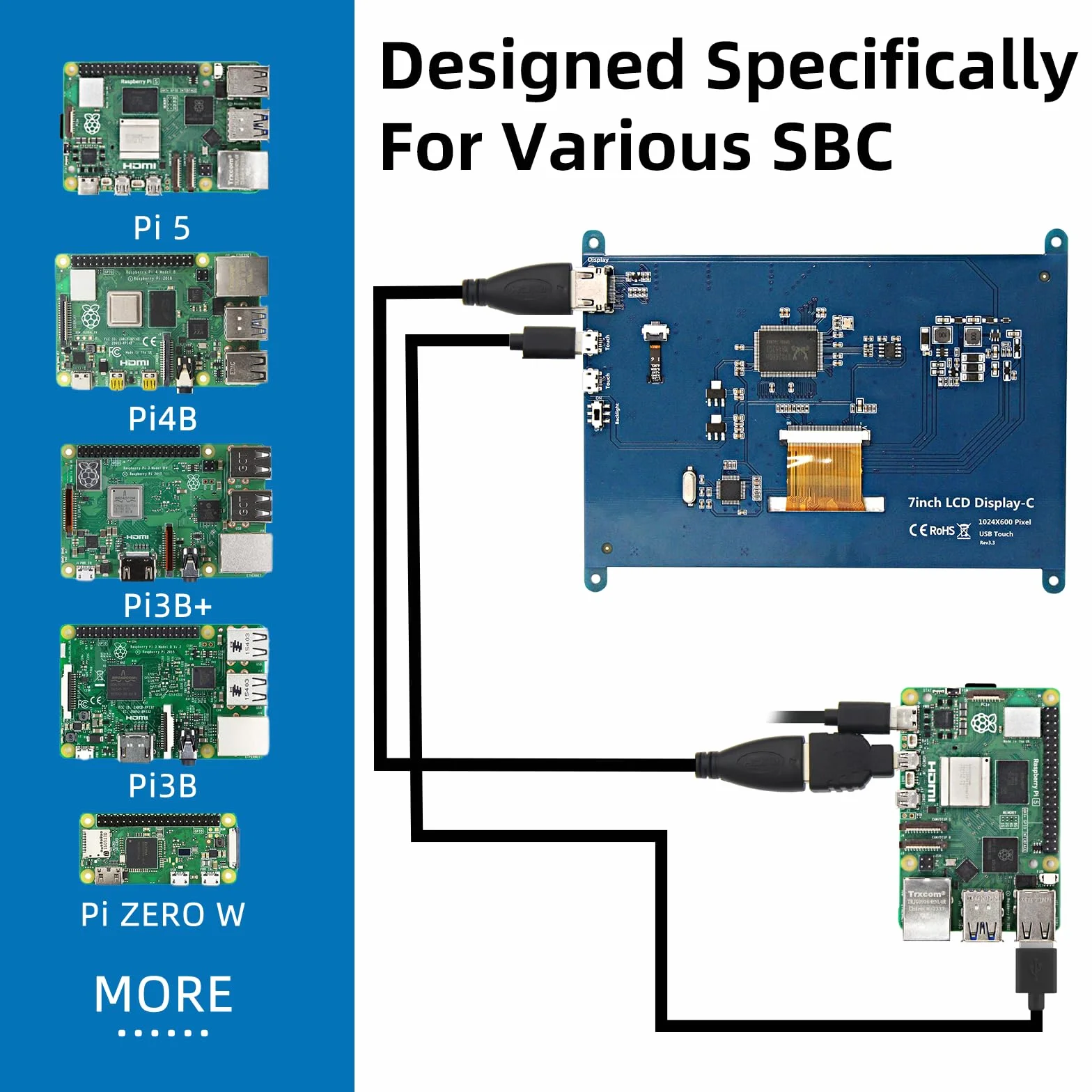 Ekran dotykowy LCD 1024 x 600 IPS z uchwytem, przenośny monitor HDMI do Raspberry Pi 5/4B/3B+/3B/B+/Zero/400, BB czarny, Windows 10 8 7, bezpłatny kontroler