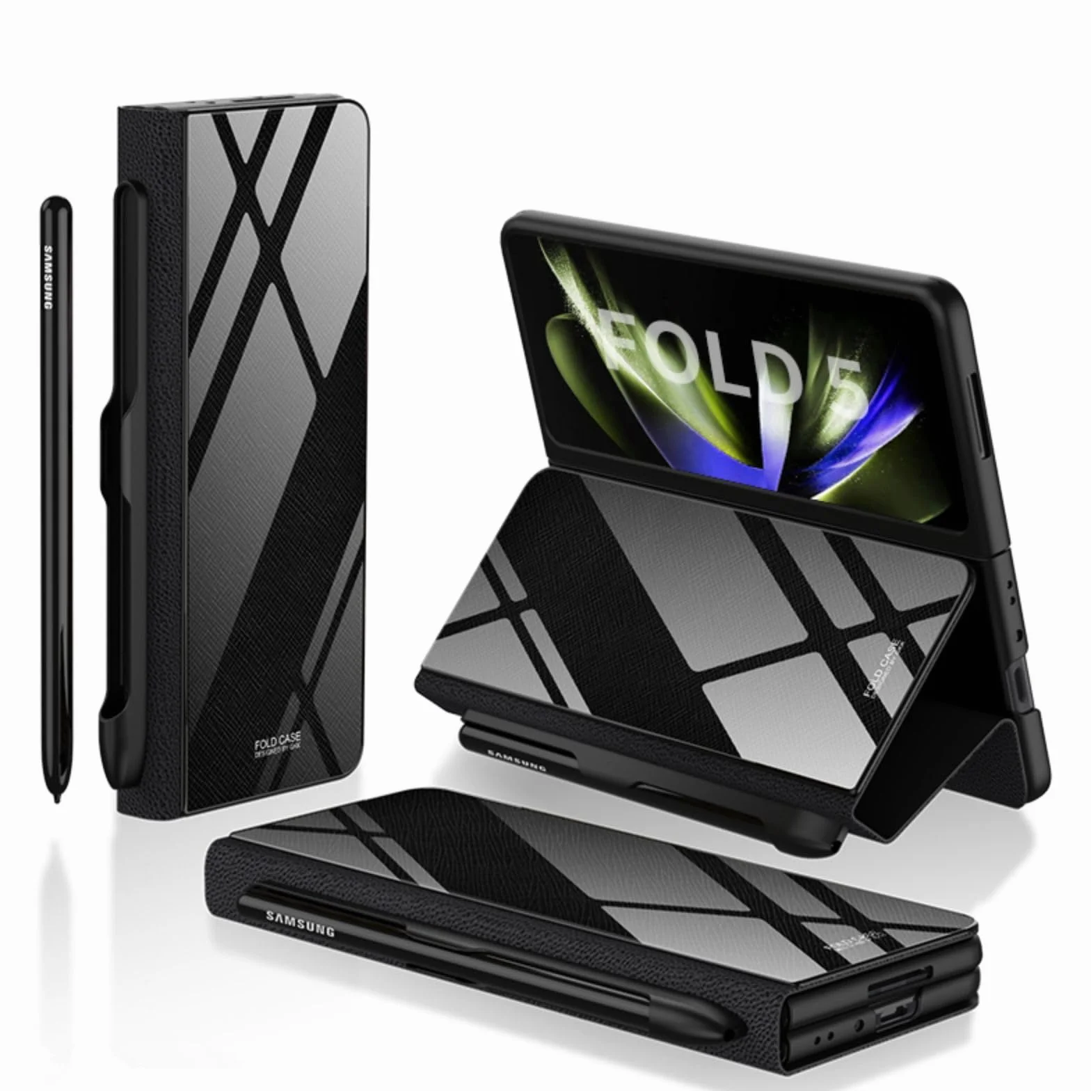 Custodia Etui do Z Fold5 etui z klapką + otwór na długopis, stojak, skóra folio, szklany blat, osłona przednia, etui na telefon komórkowy z klapką do Samsung Galaxy Z Fold5 (11)