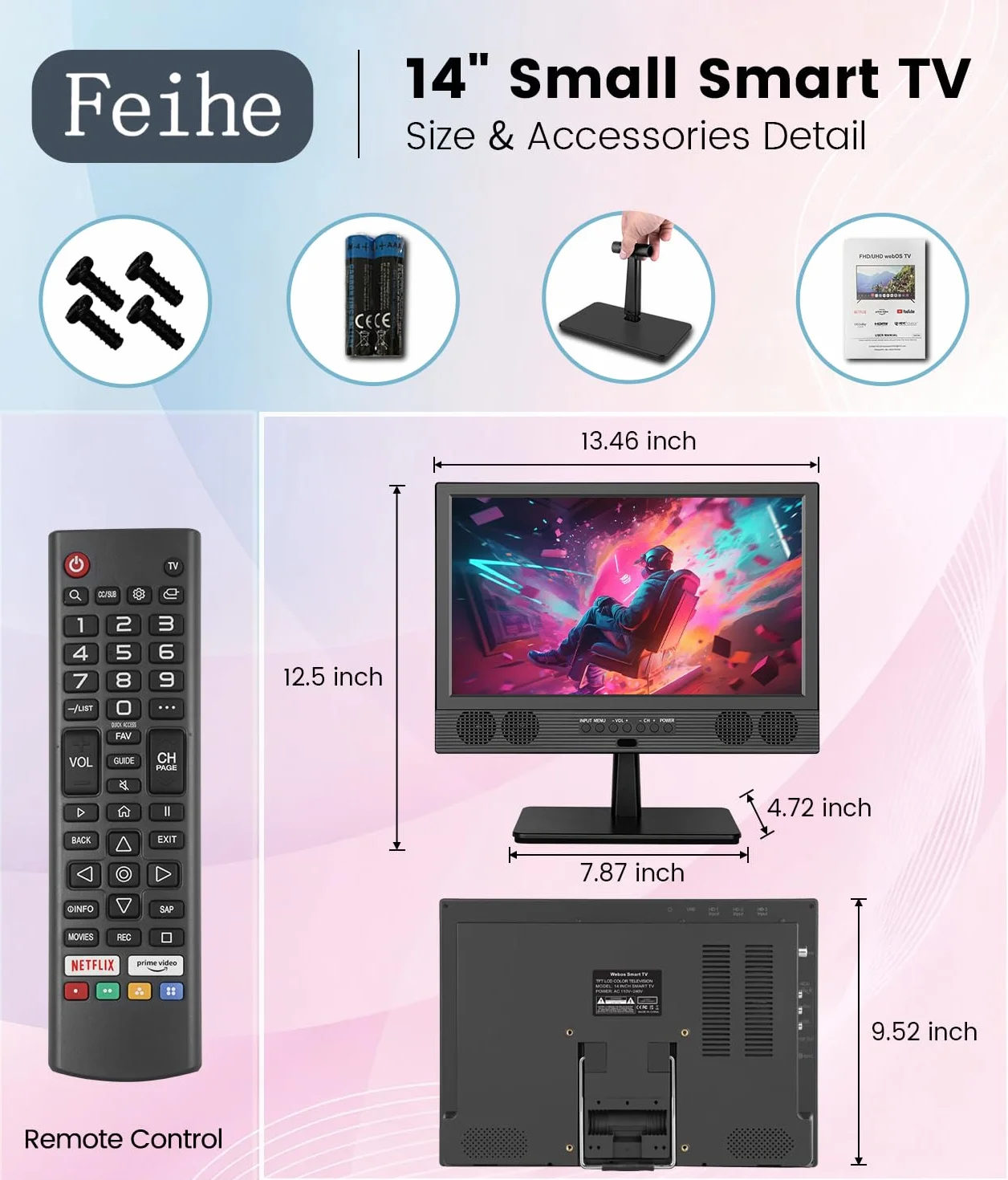 Feihe - Mały 14-calowy inteligentny telewizor, płaski wyświetlacz LED HD z tunerem ATSC/HDMI/USB/AV do kuchni, kampera, kampera, sypialni lub rozrywki w podróży