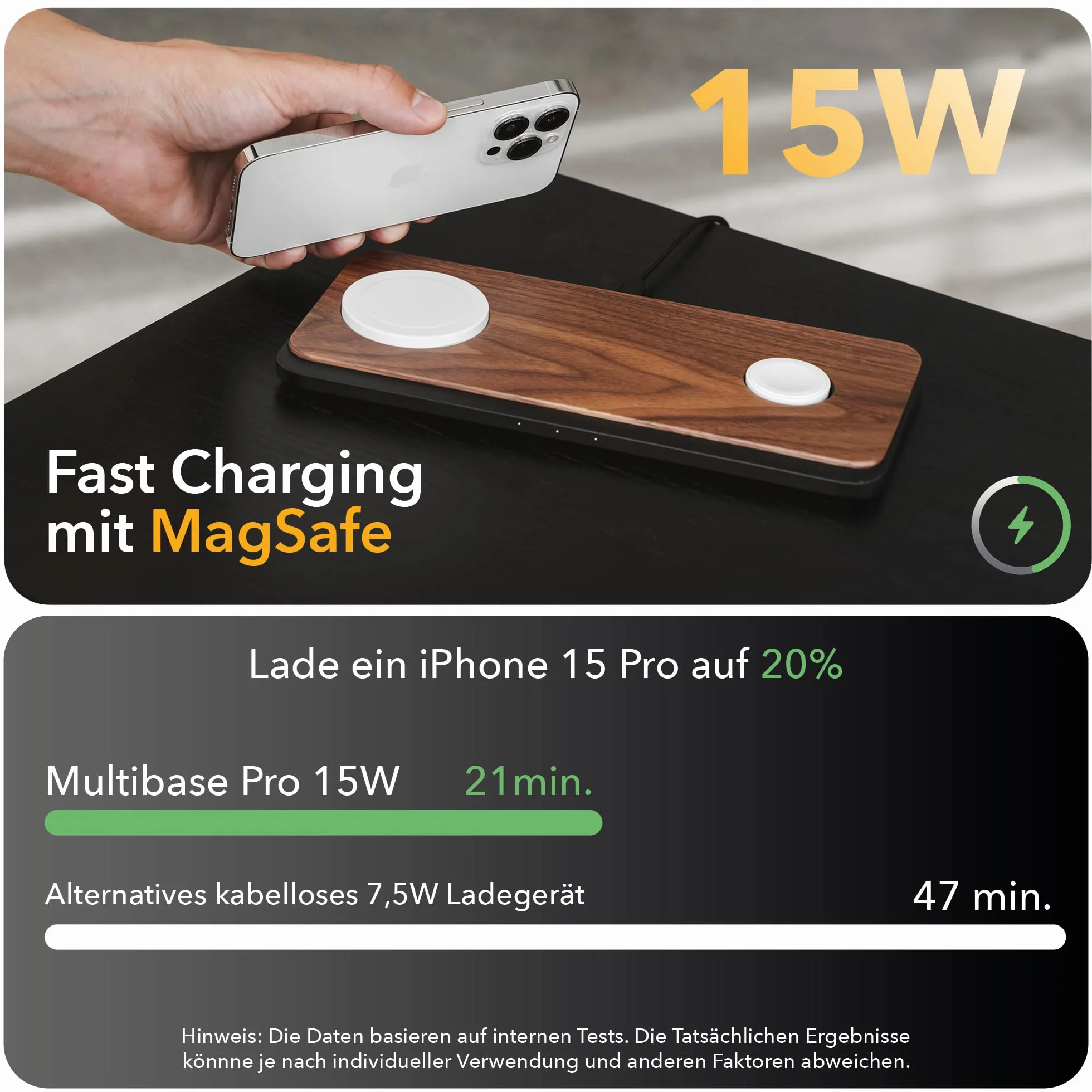 Woodcessories Multibase Pro - 3 w 1 drewniana stacja ładująca | Magsafe ładowarka | indukcyjna stacja ładująca do iPhone'a, Apple Watch, Air Pods w zestawie z adapterem Power 45 W
