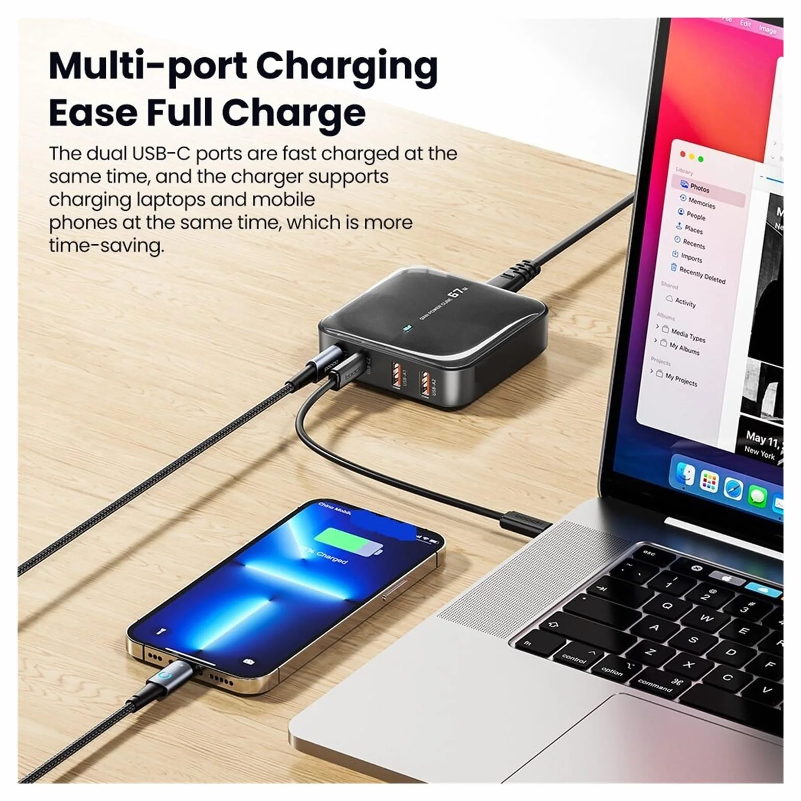Ładowarka Stacja ładująca Wieloportowa USB 67 W Stacjonarna Typ C PD QC Szybkie ładowanie MożLiwość Szybkiego łAdowania(Black)