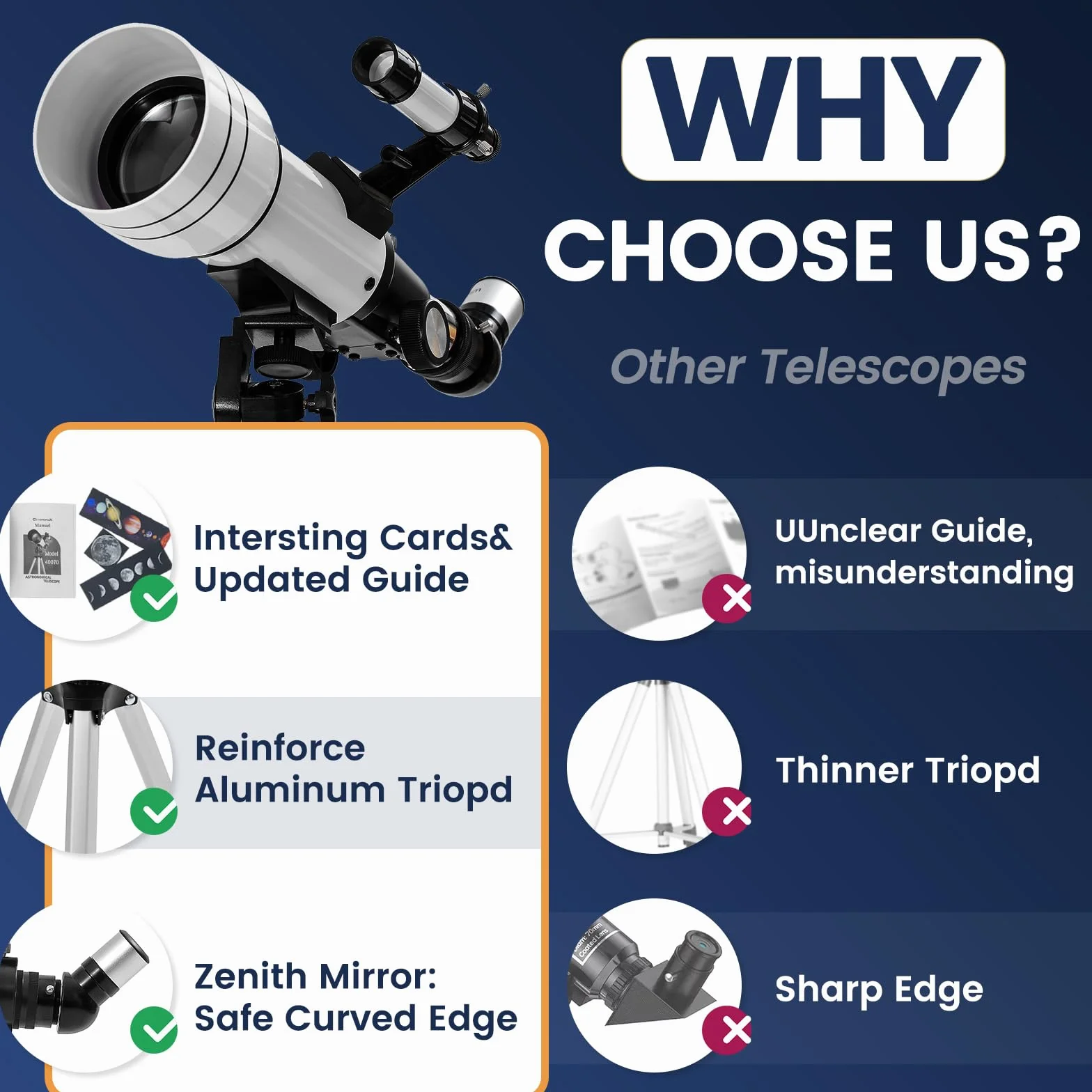 KlaroruA teleskop astronomiczny 70/400 mm teleskop dla dorosłych, astronomiczny teleskop załamania światła dla dzieci i początkujących, z adapterem do telefonu i statywem, CLT001-WH