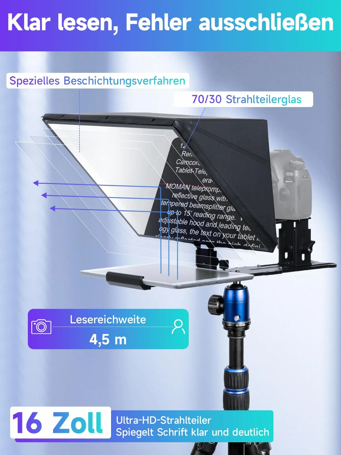 Teleprompter, Moman MT16 Prompter 16 cali, kompatybilny z iPadem / tabletem/smartfonem z aplikacją i zdalnie sterowanym nagrywaniem lustrzanek cyfrowych/kamer wideo, teleprompterów wideo