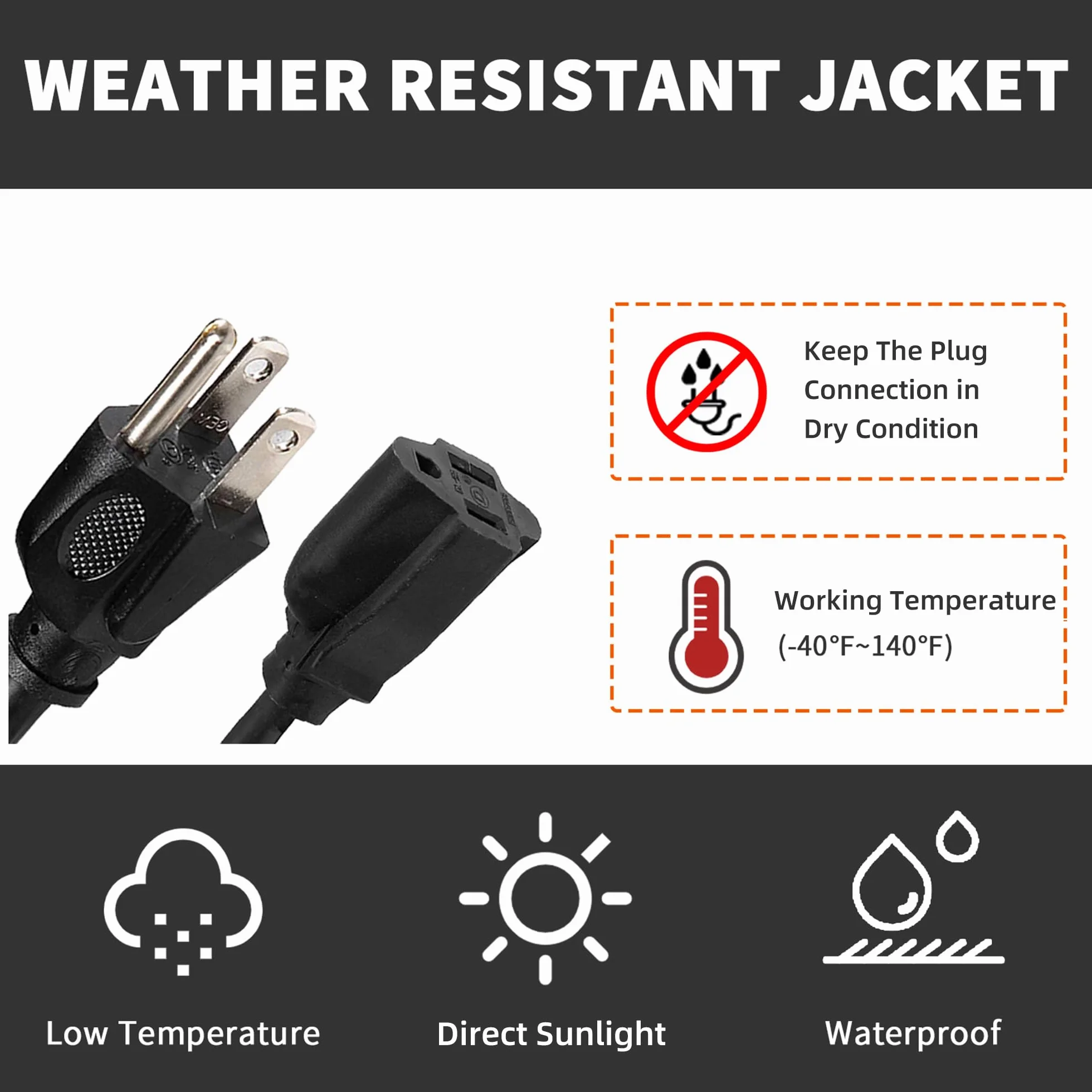 30FT Outdoor Extension Cord-16/3 SJTW Trwały Czarny Kabel Przedłużający z 3 Prong Grounded Plug for Safety