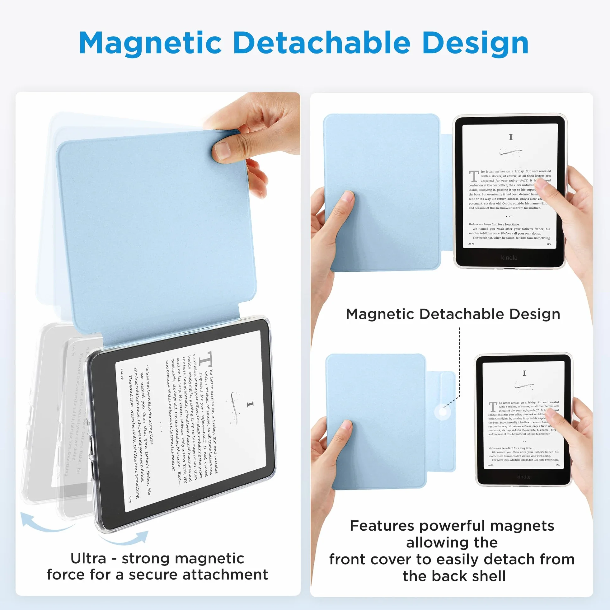 SESENSE Odłączane magnetyczne etui do Kindle 6'' 2024 i 2022 (11 generacji), smukłe etui z PU Shell Cover z automatycznym budzeniem/uśpieniem, jasnoniebieskie