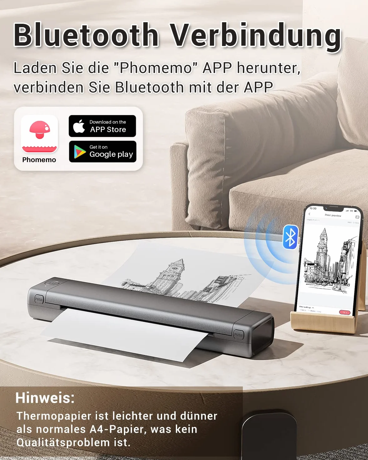 Phomemo Przenośna drukarka M08F Bluetooth, drukarka A4, obsługuje papier termiczny 210 x 297 mm, bezprzewodowa drukarka podróżna bez tuszu, kompatybilna z systemem Android i iOS, do podróży i laptopa