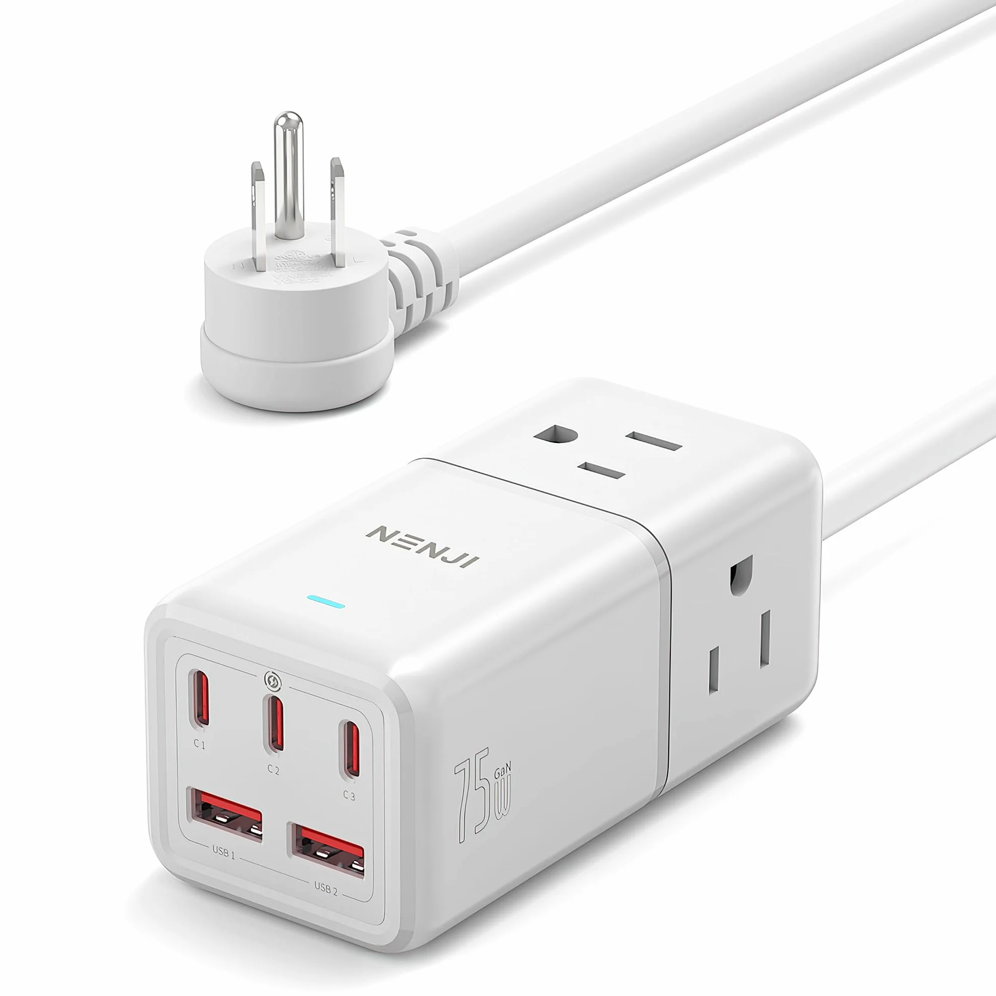 NENJI Super szybka stacja ładująca GaN USB-C 75 W, listwa zasilająca 8 w 1 z 5 portami USB i 3 gniazdami AC, inteligentne ładowanie, szybka ładowarka PD do iPhone'a, Samsunga, iPada, MacBooka