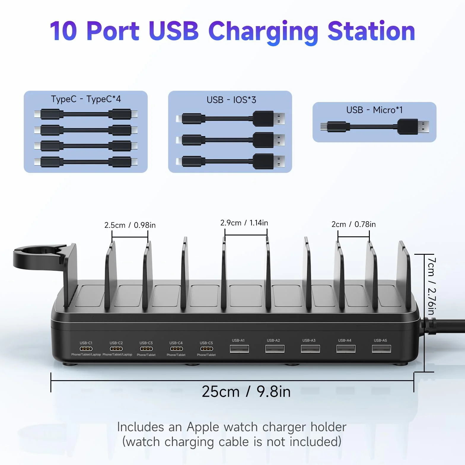 Stacja ładująca 285 W do wielu urządzeń, 10 portów, szybki organizer na wiele urządzeń, kompatybilny z laptopem MacBook Pro, iPhone'em, Androidem, iPadem, tabletem, Kindle, stacją ładującą na wiele