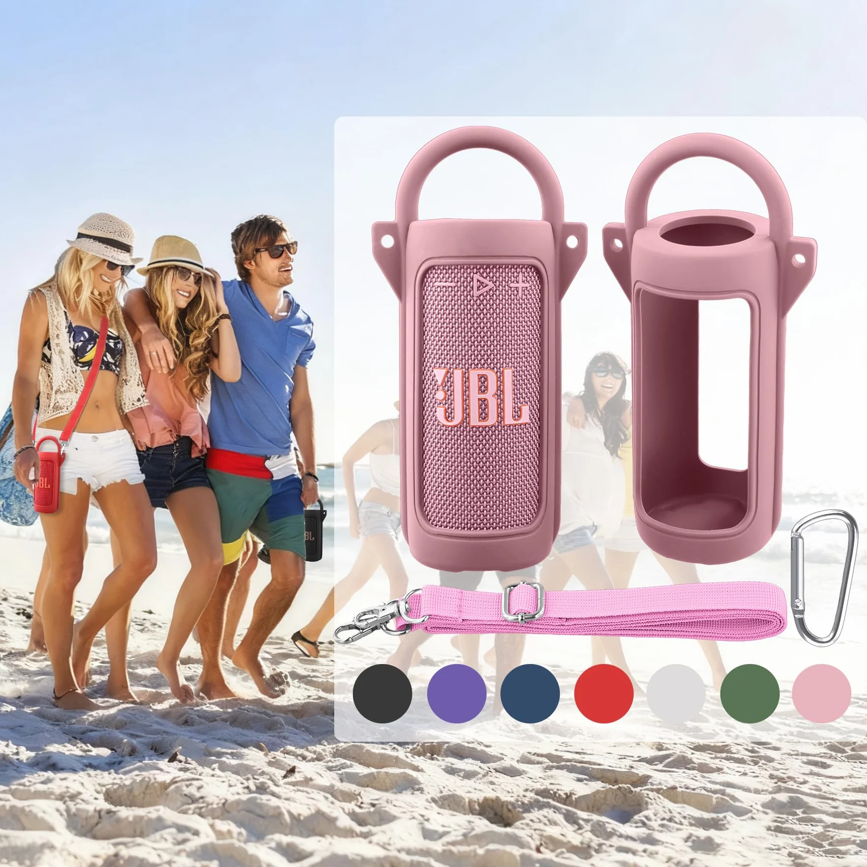 co2CREA Kompatybilny silikonowy pokrowiec z JBL Grip Przenośnym Głośnikiem Bluetooth, przenośny, ultralekki pokrowiec ochronny z karabińczykiem i paskiem na ramię (jeśli dotyczy)