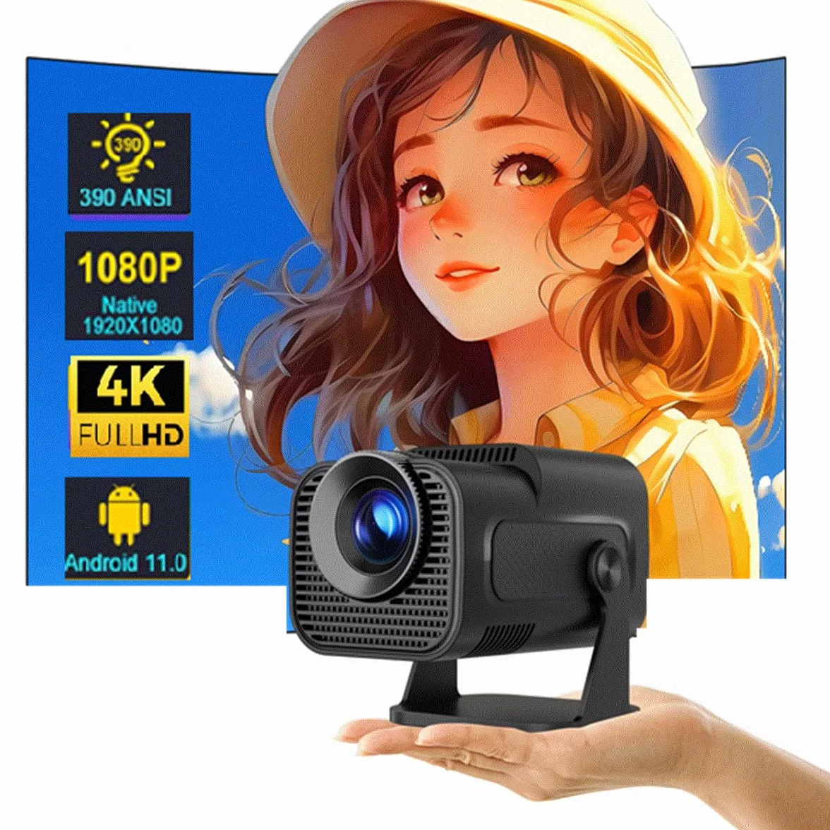Przenośny projektor kinowy 4K, Android 11, 1080P, 390ANSI, czarny, Dual Wifi6, BT5.0, 1920 x 1080P, inteligentne projektory obrót o 180 stopni, 18000 lumenów