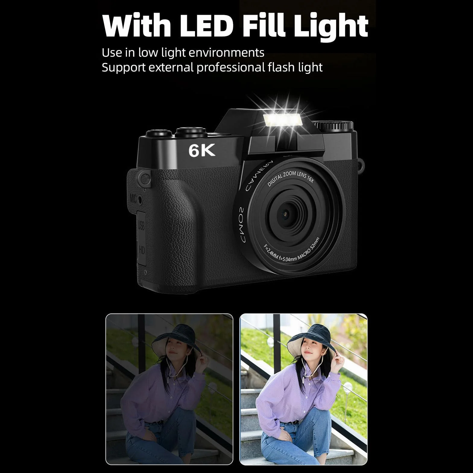Aparat Cyfrowy 6K, 64MP Autofocus 16x Zoom Cyfrowy Aparat Fotograficzny z Transferem Wi -Fi, Błyskowa LED, Kompaktowa dla Dorosłych Nastolatków Początkujących (BLACK)