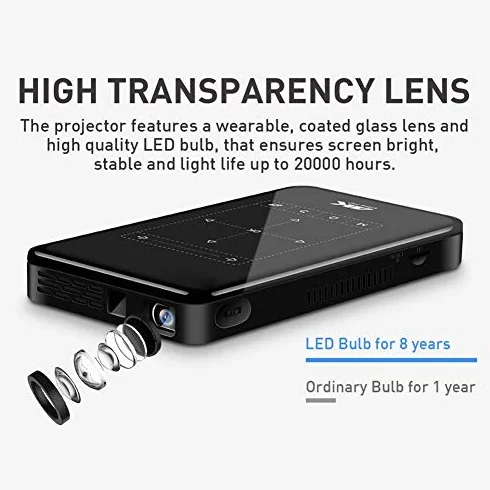 Mini projektor kieszonkowy, inteligentny projektor DLP Pico obsługuje wejście HD/dekodowanie 4K HD ze złączem HDMI USB/ekranem dotykowym/RC, do kina domowego, na rodzinne imprezy (Android 6.0) (ME)