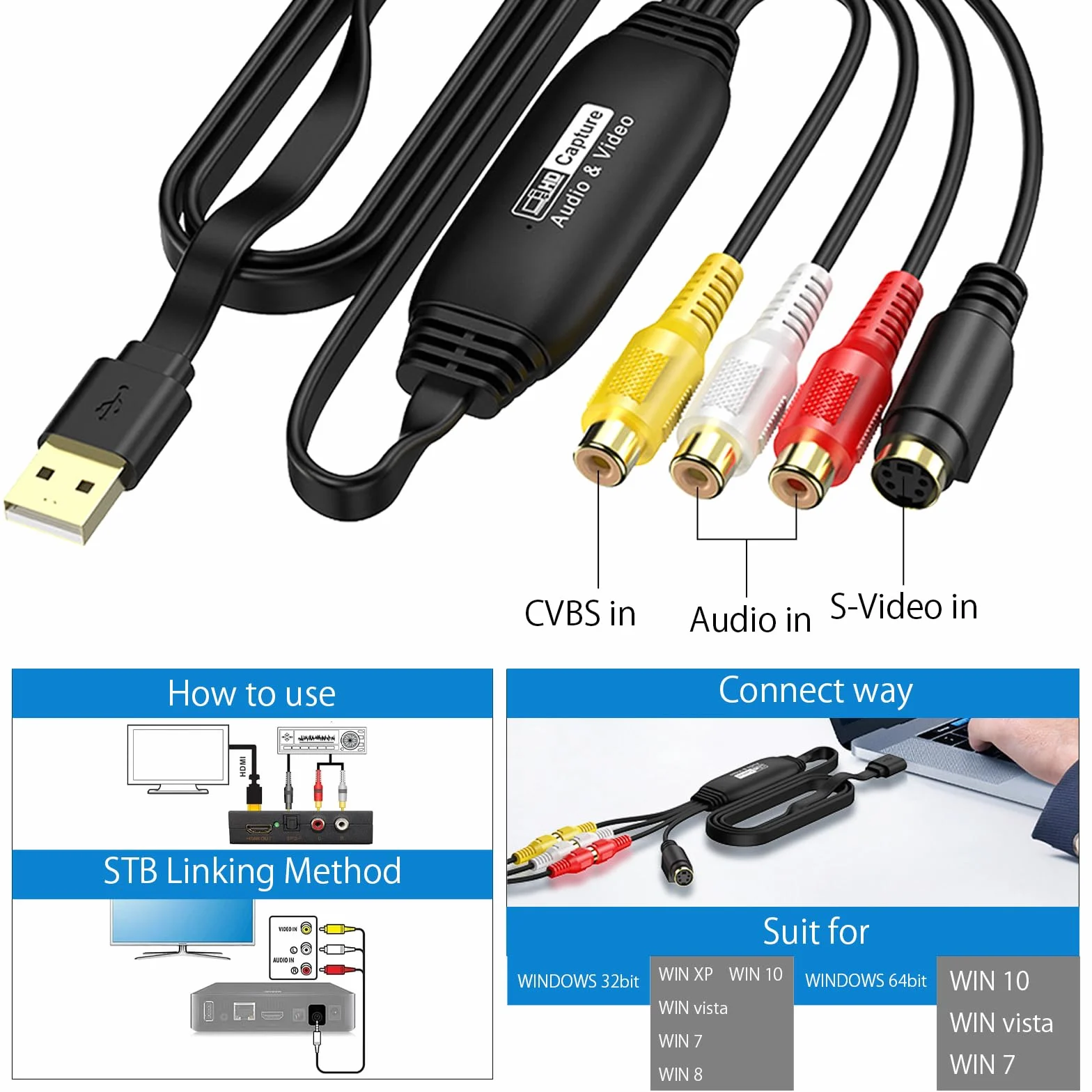 HENGBIRD Konwerter VHS na cyfrowy USB 2.0, karta przechwytywania wideo kompatybilny z Windows i Mac