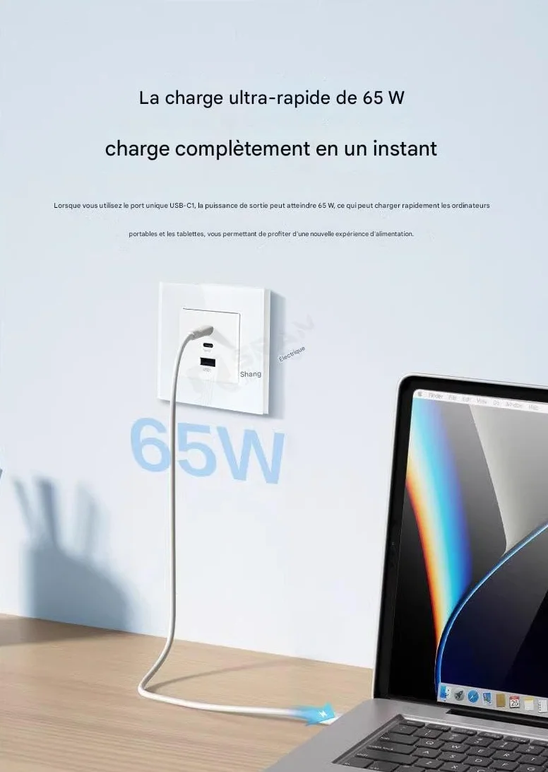 GaN Panel ze szkła hartowanego 3 w 1 65 W ultraszybkie ładowanie Gniazdko ścienne typu 86 Typ-C USB Ładowarka do telefonu komórkowego do komputera Opakowanie 5 szt