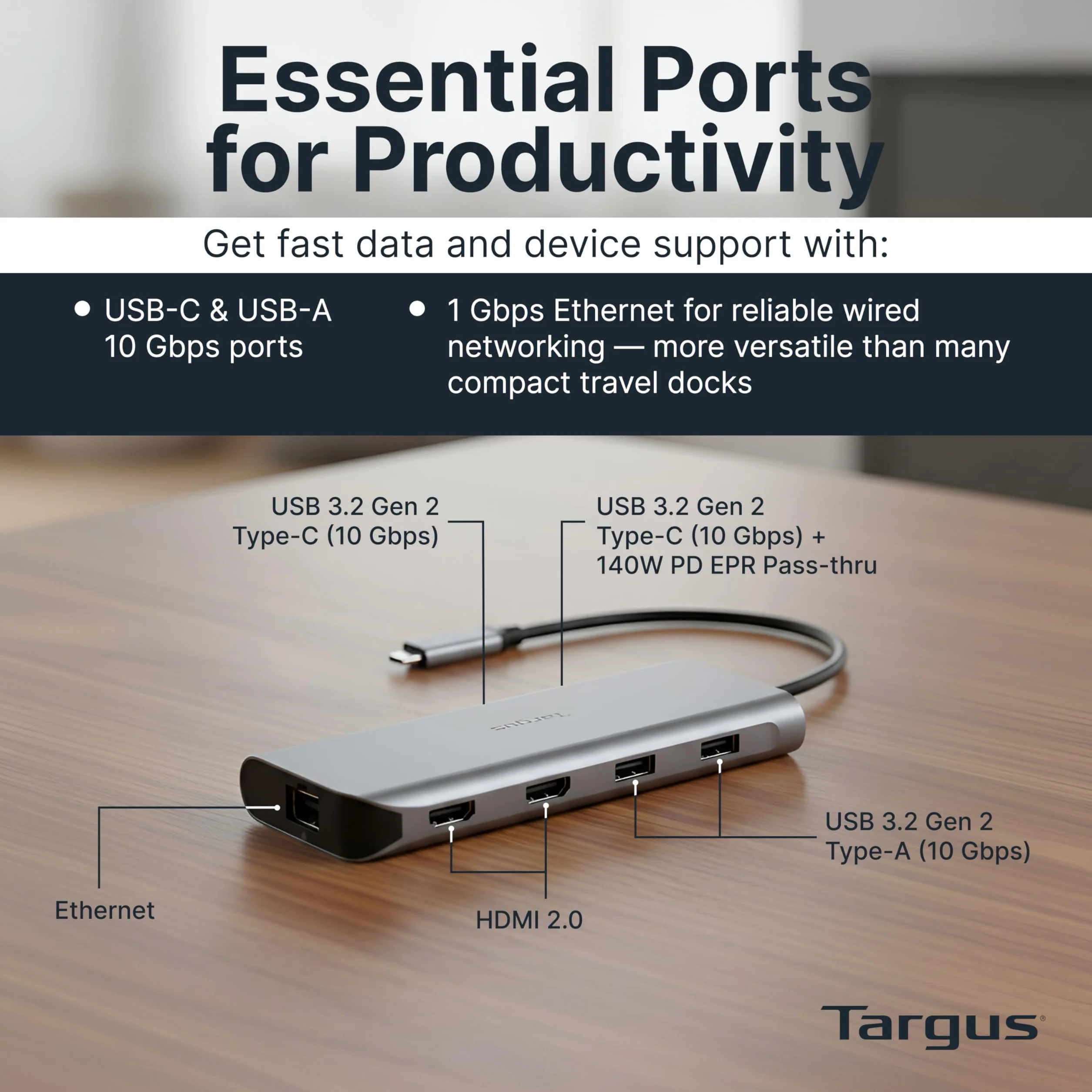 Targus Podwójna mobilna stacja dokująca wideo z 140 W EPR Power Pass-Through, Dual HDMI 4K przy 60 Hz, 2 x USB-C i 2 x USB-A 10 Gb/s, Gigabit Ethernet, EcoSmart Design DOCK427GL