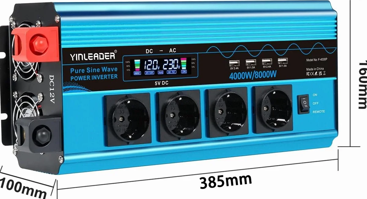 Yinleader Konwerter napięcia 12V 220V czysty sinus 4000 W/8000W LCD konwerter napięcia, 4 USB (z pilotem)