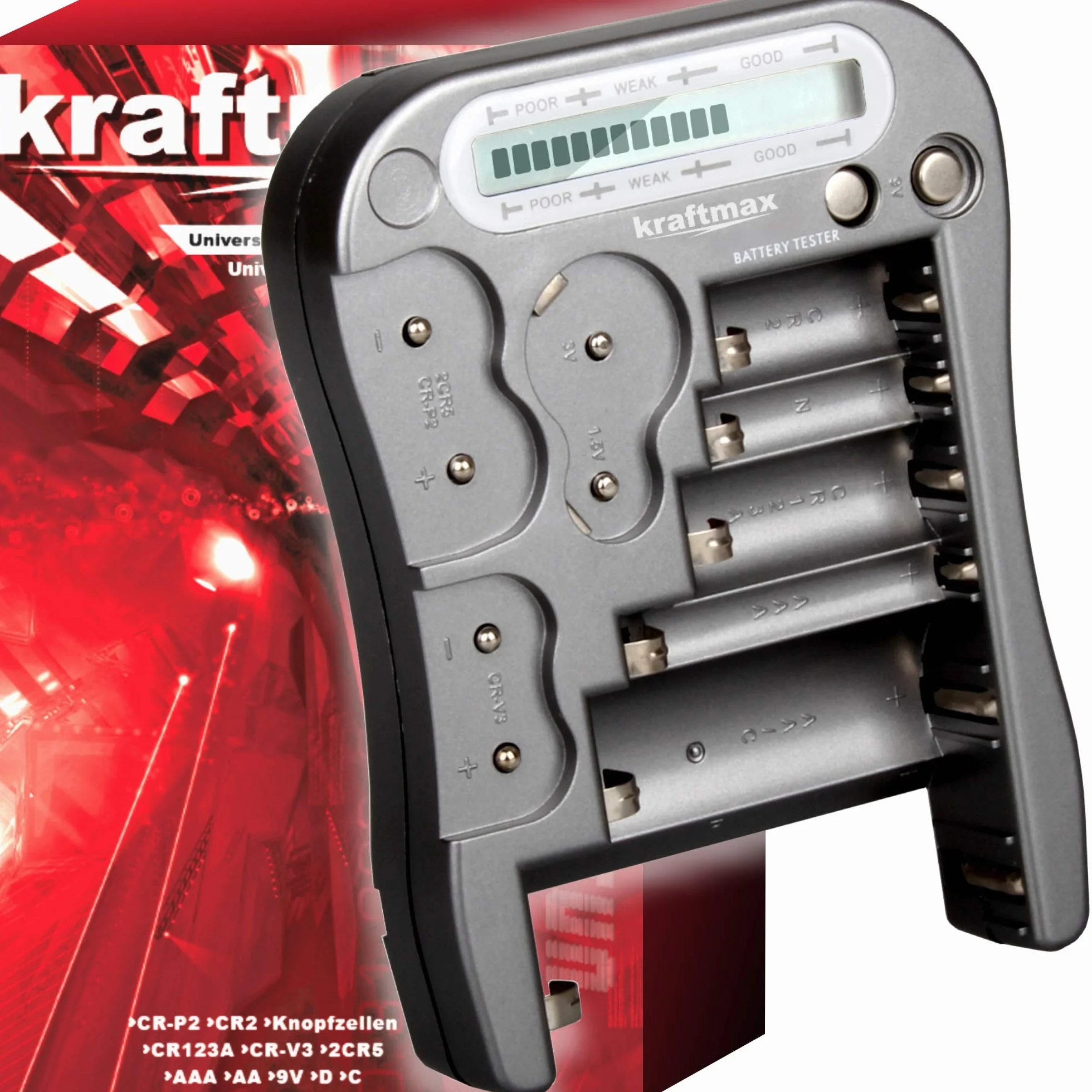 Kraftmax tester baterii V2 LCD uniwersalny z testem ogniw guzikowych