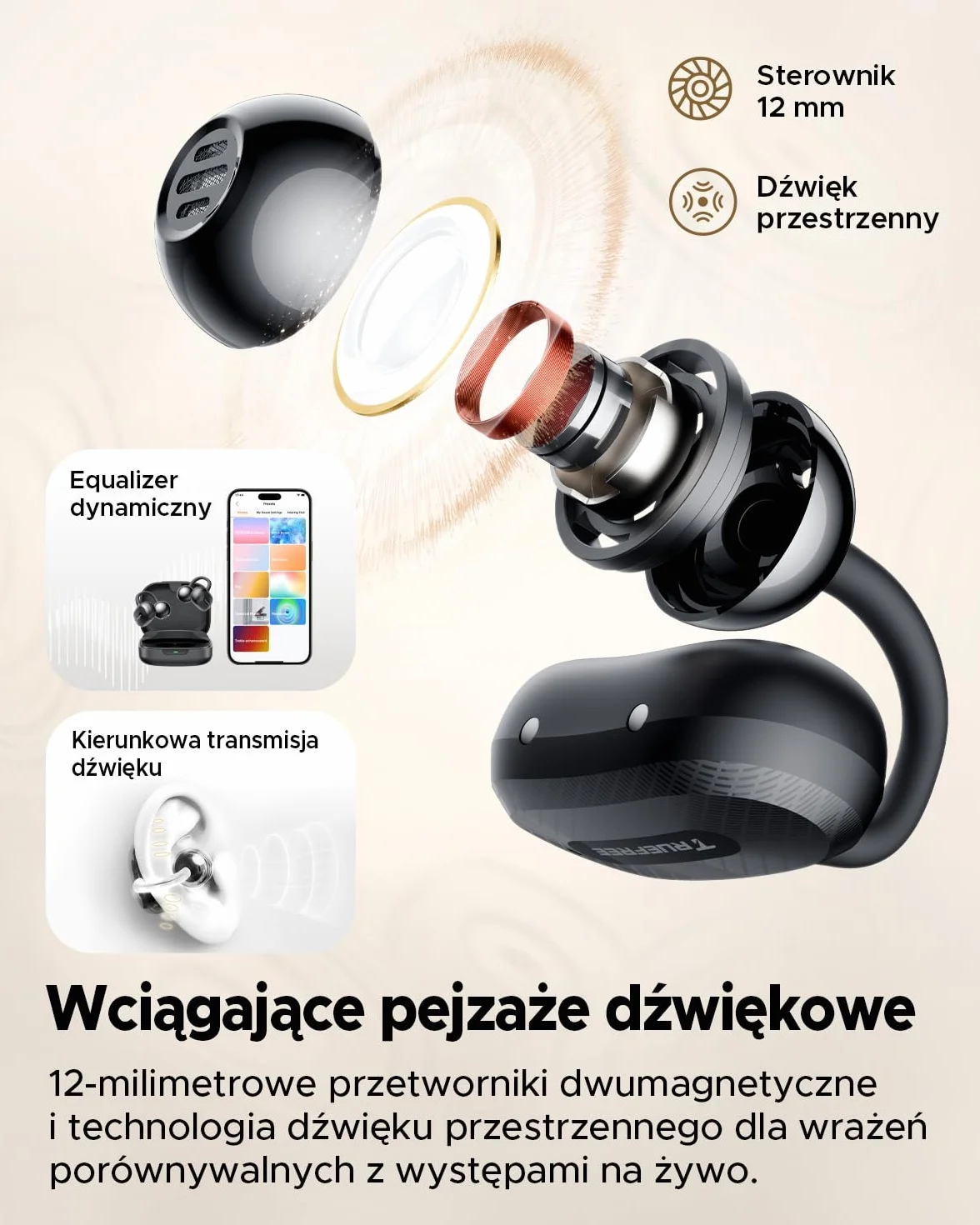 Truefree C10 Bezprzewodowe Słuchawki Douszne z Klipsem, Otwarta Konstrukcja, Bluetooth 5.4, 12mm Przestrzennym Dźwiękiem, 28H Odtwarzania, IPX5, AI-ENC, Podwójne Łączenie, Aplikacja