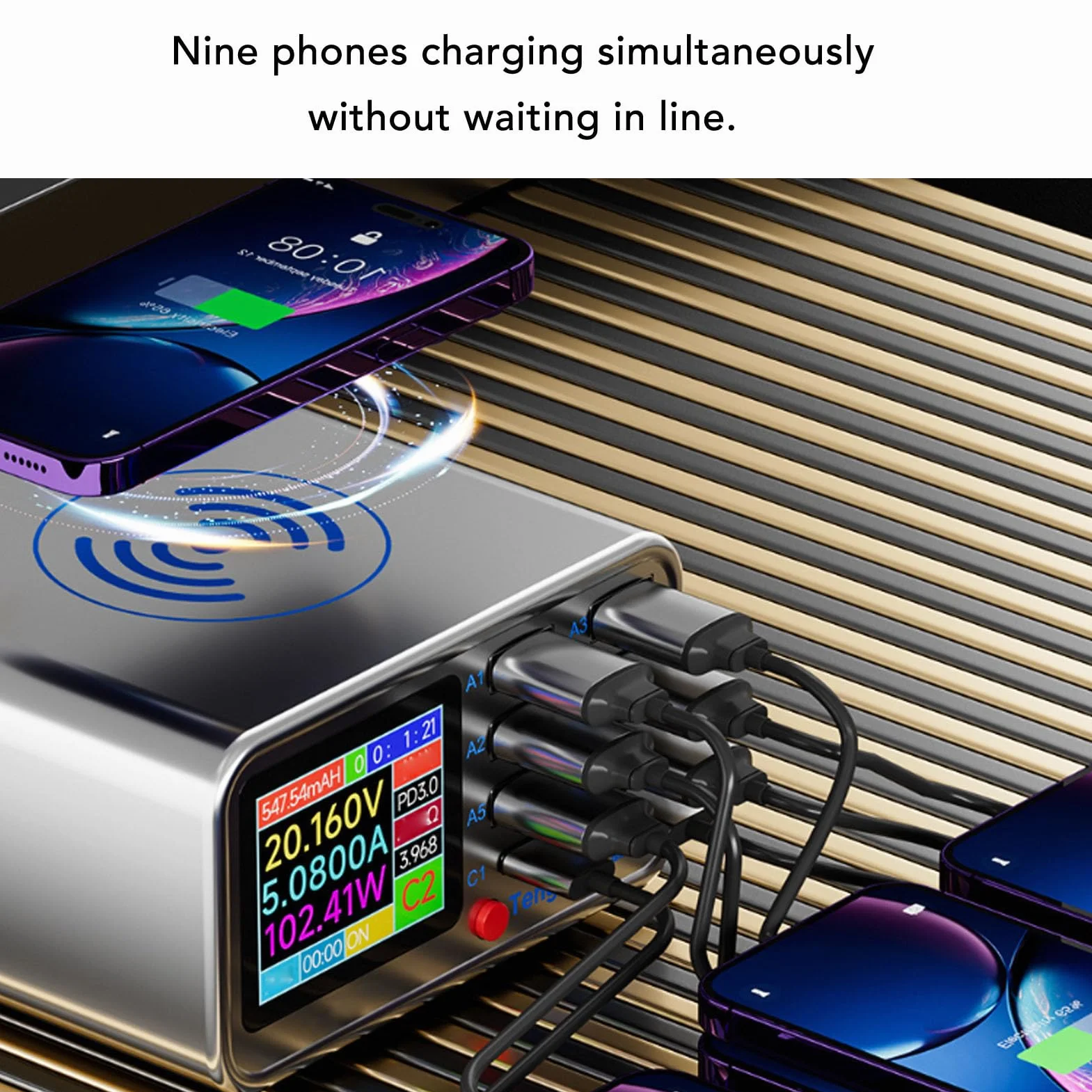 Cuifati Stacja ładowania Bezprzewodowego USB, Stacja ładowania 100W 8 Port Hub Block Cube, QC3.0 PD Szybka ładunek i Wyświetlacz Cyfrowy dla Tabletu Telefonu (przepisy europejskie)
