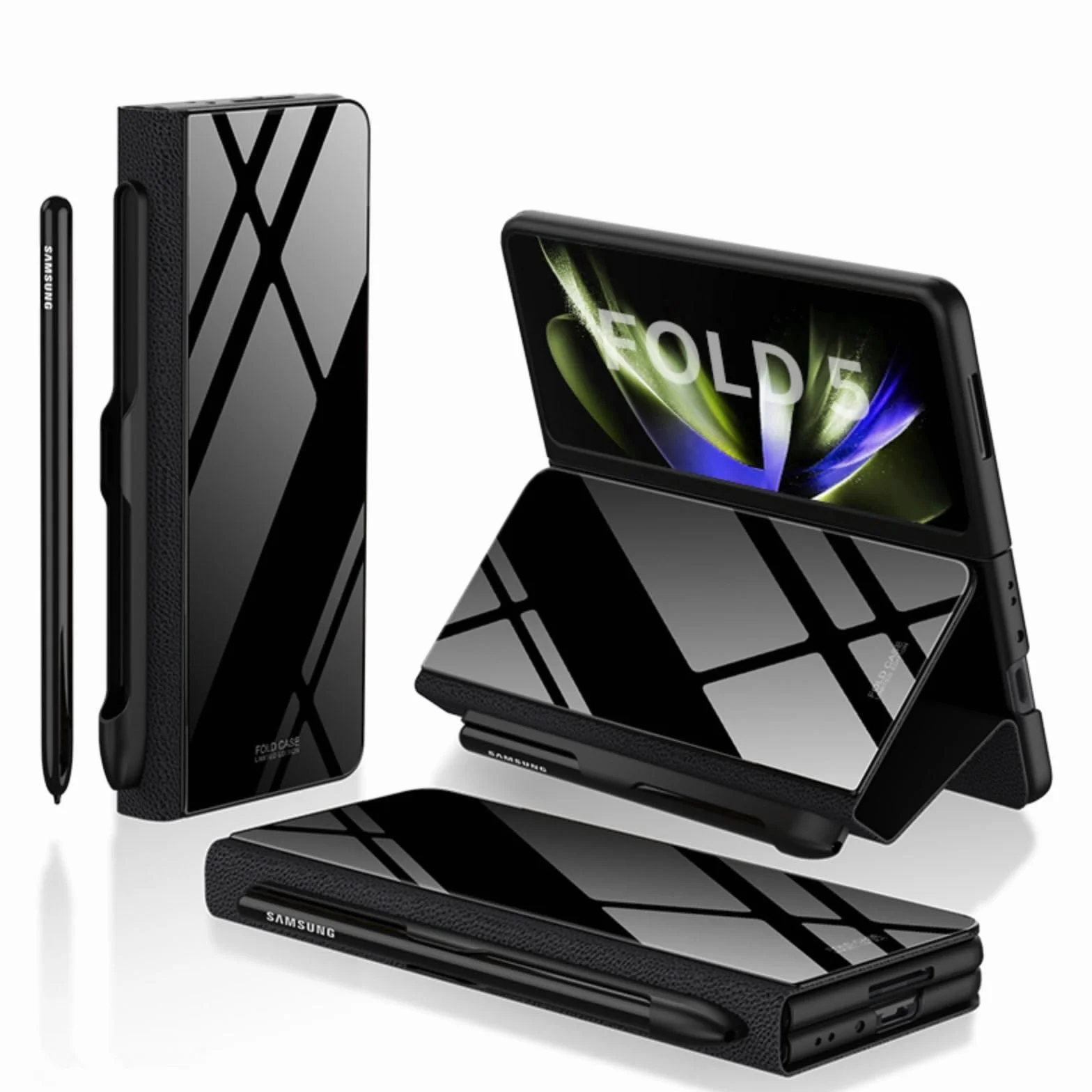 Custodia Etui do Z Fold5 etui z klapką + otwór na długopis, stojak, skóra folio, szklany blat, osłona przednia, etui na telefon komórkowy z klapką do Samsung Galaxy Z Fold5 (19)
