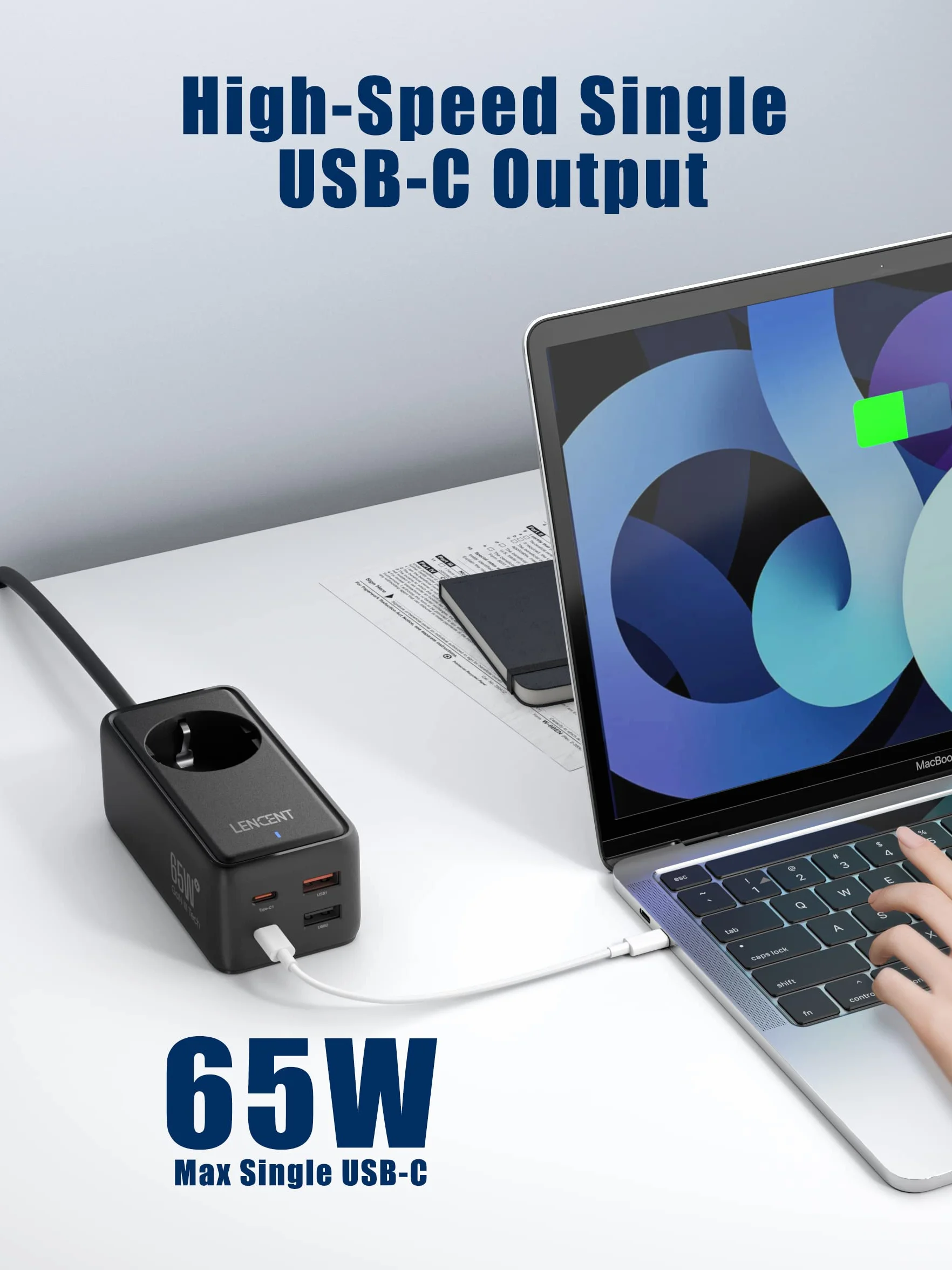 LENCENT 65W Listwa Zasilająca z GaN III Tech, Gniazdko z Przełącznikiem | USB Szybkie ładowanie Gniazdami z 1 AC + 4 USB (2 PD USB-C + 2 USB-A), 5 w 1 Wielokrotna Wtyczka 1.5M Kablem, Czarny