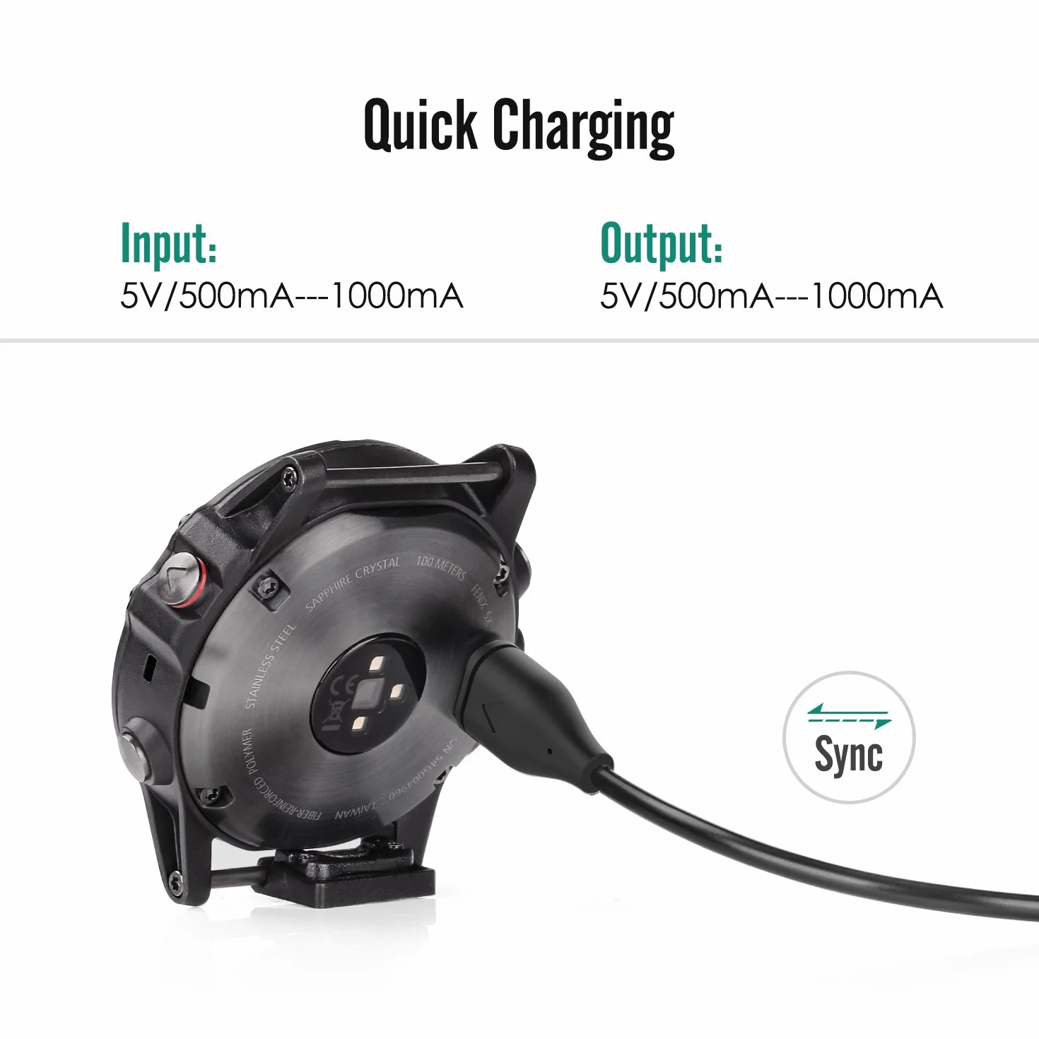 MoKo Charger Cable Compatible with Garmin Fenix 7/7S/7X/6/6S/6X Pro/5/5S/5X Plus, USB Data Sync Charging Cable Black
