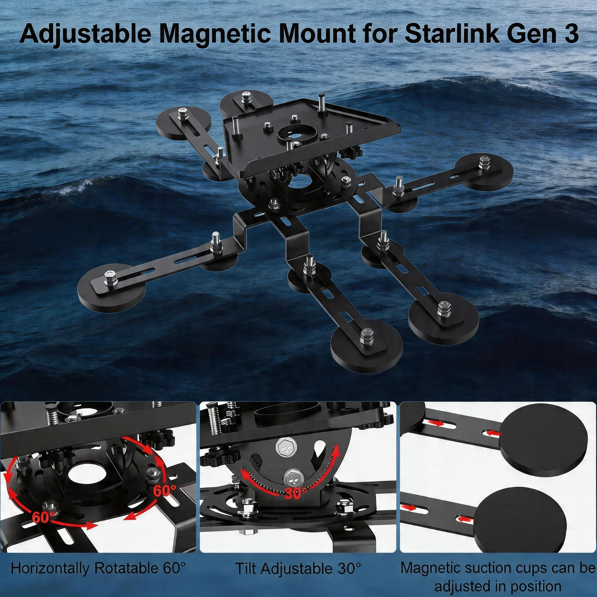 Magnetyczny uchwyt dachowy Star link trzeciej generacji, obrót poziomy o 60° z 12 podstawami magnetycznymi, zestaw montażowy do anten Star link Standard i Enterprise