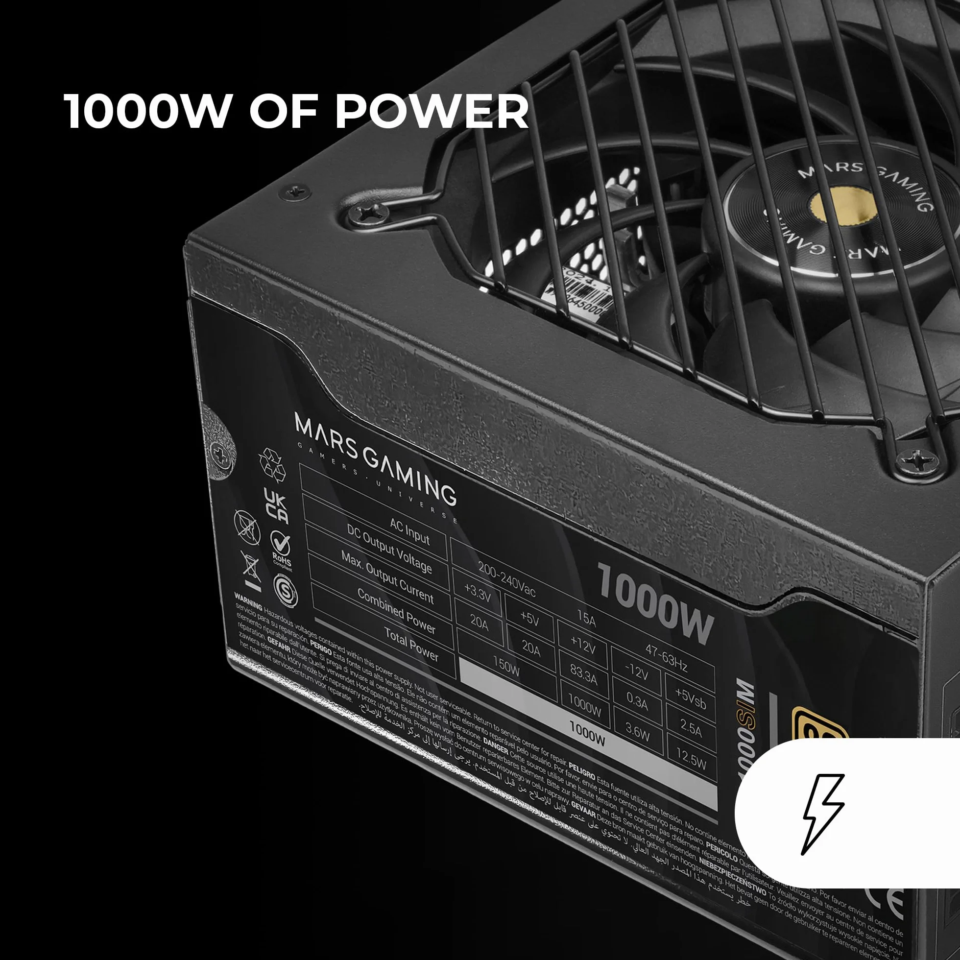 Mars Gaming MPB1000SIM, W Pełni Modularny Zasilacz ATX 1000W, 7 Lat Gwarancji, 80Plus Gold 90%, Wentylator SI Extreme Silence 140mm, Technologie AI2-RPM, Japońskie Kondensatory, Czarny