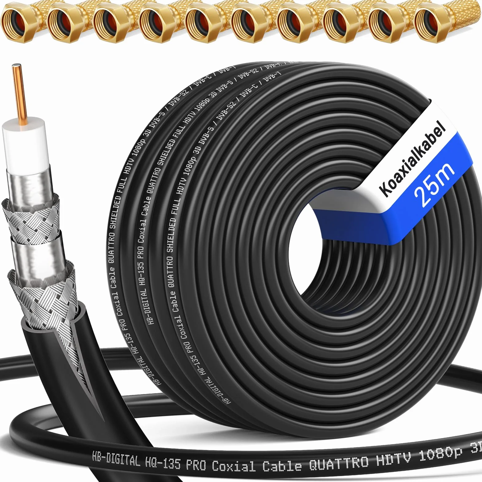 HB-DIGITAL Kabel koncentryczny 25 m SAT 135 dB 8K 4K UHD 4-krotnie ekranowany do DVB-S / S2 DVB-C / C2 DVB-T / T2 DAB+ radio + w zestawie 10 x pozłacane złącza F BK urządzenia - stalowy/miedziany